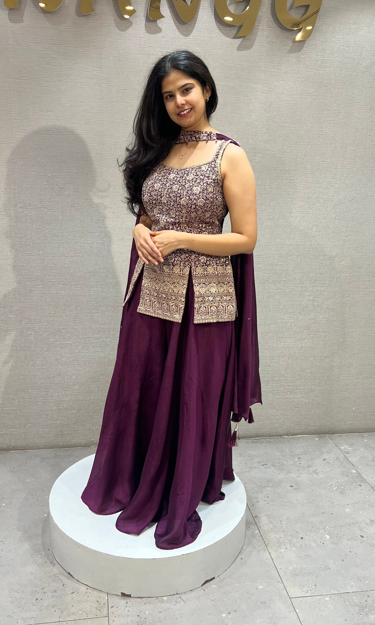 Wine silk Embellished Peplum Palazzo Set with dupatta