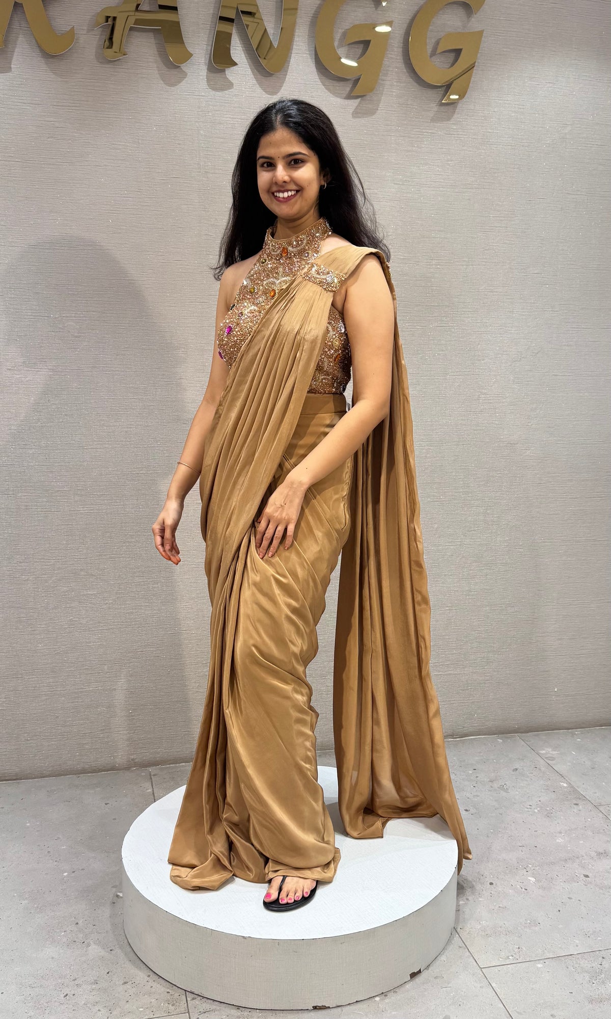Gold Silk Saree with Floral Embellished Stone Blouse