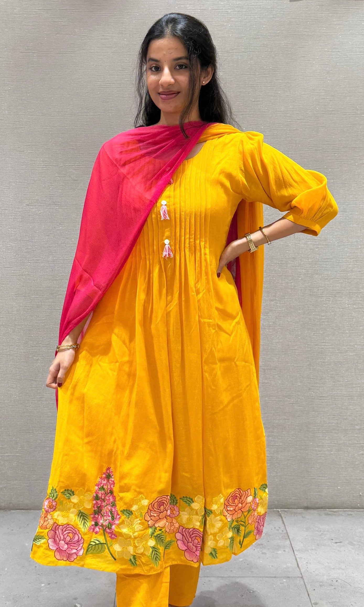 Yellow Flower Mul Chanderi kurta set