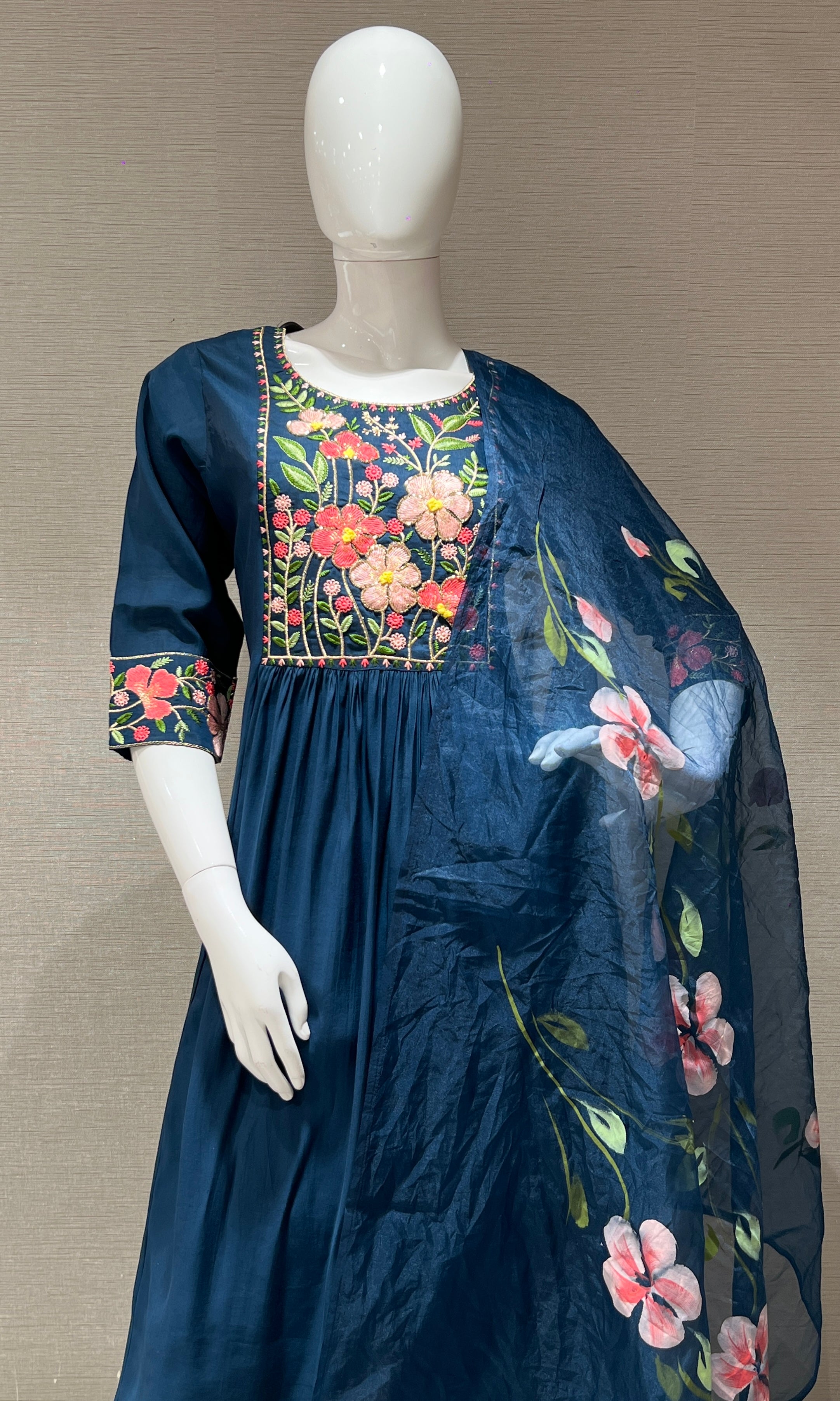 Blue Floral Embroidery Mul Chanderi kurta set