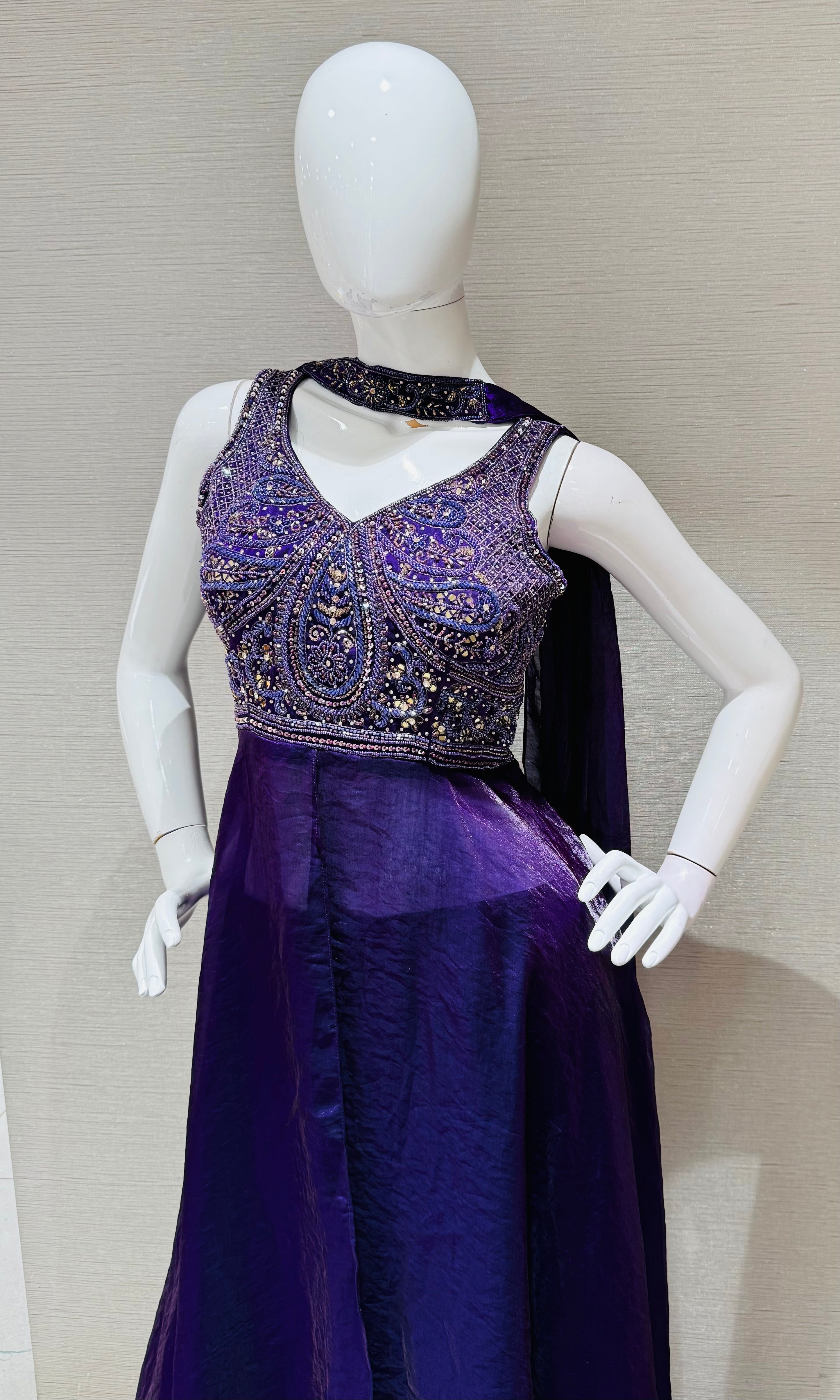 Purple embroidered front slit anarkali with palazzo Pants