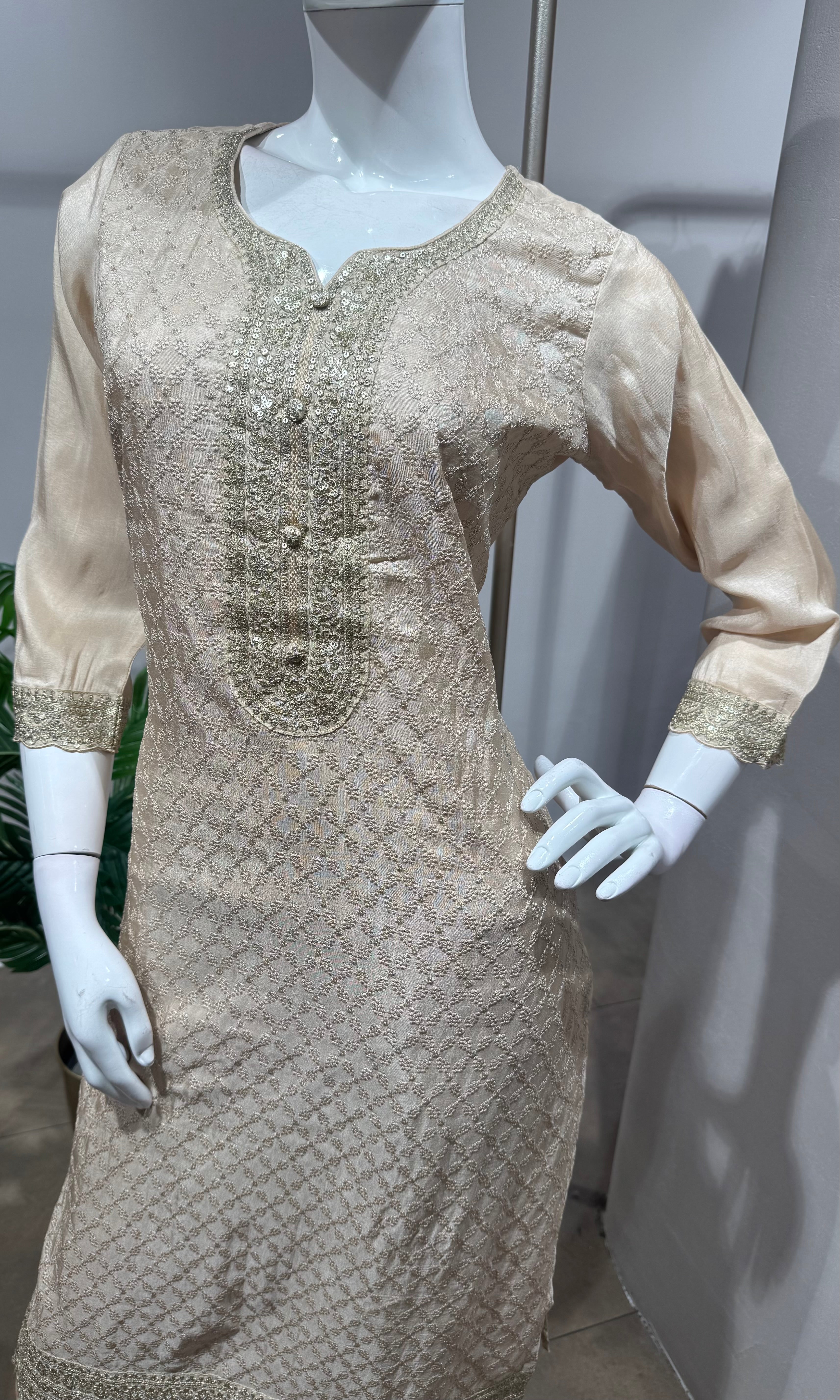 Ivory straight kurta set with contrast dupatta