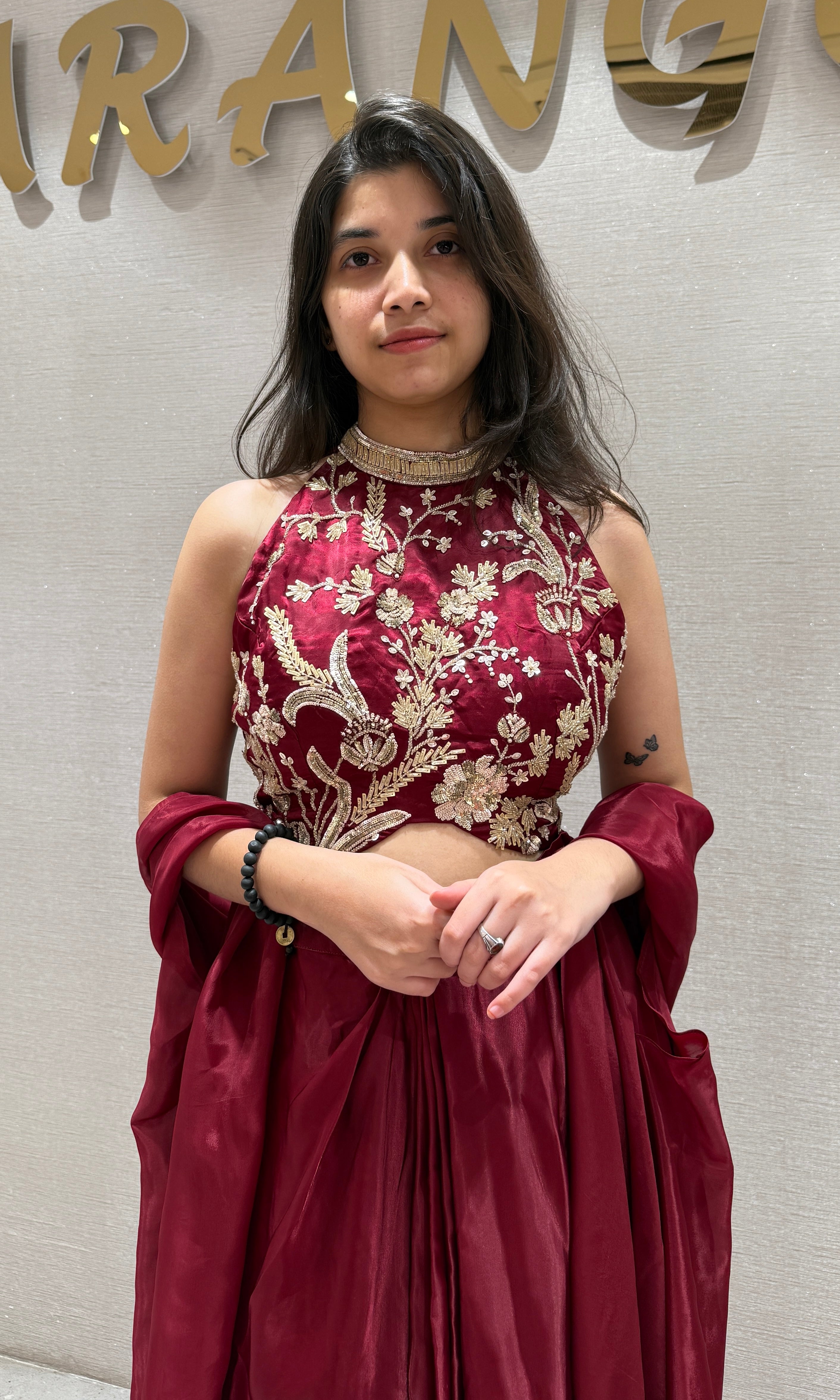 Maroon Embellished drape skirt with cape