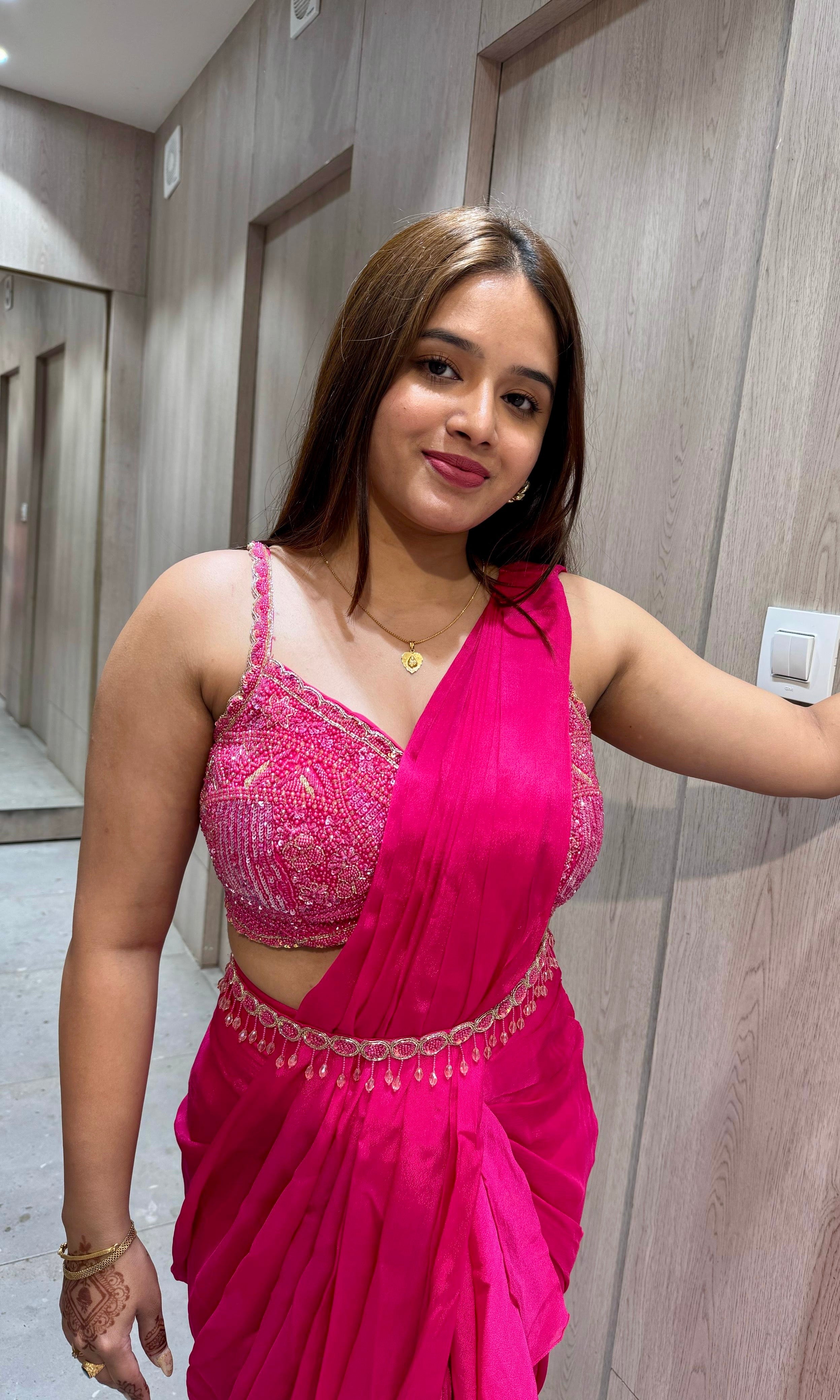 Pink Ruffle Draped Saree with Embellished Blouse