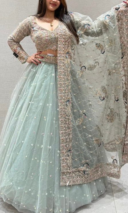 matcha green netted peacock Lehenga