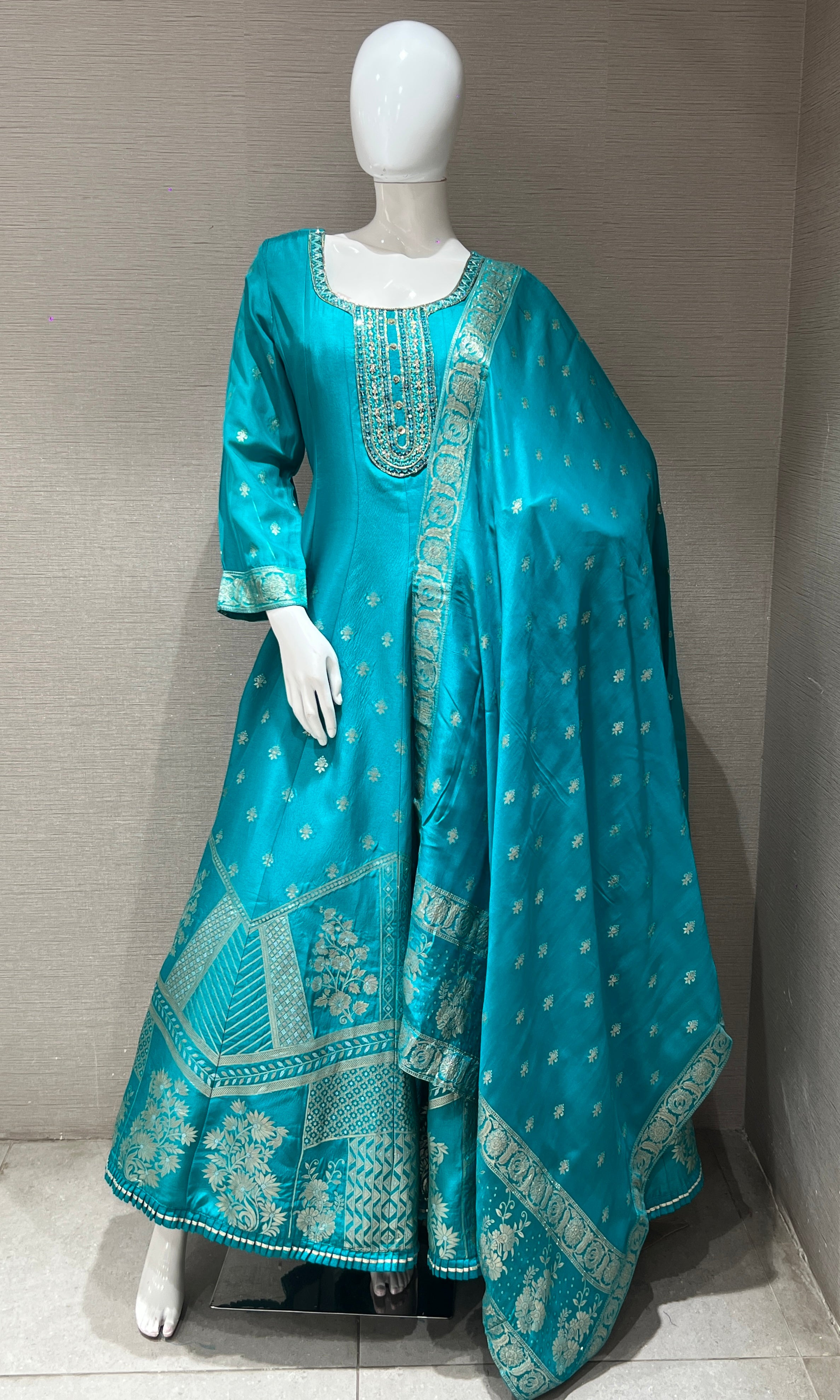 Blue long anarkali with gold embroidered