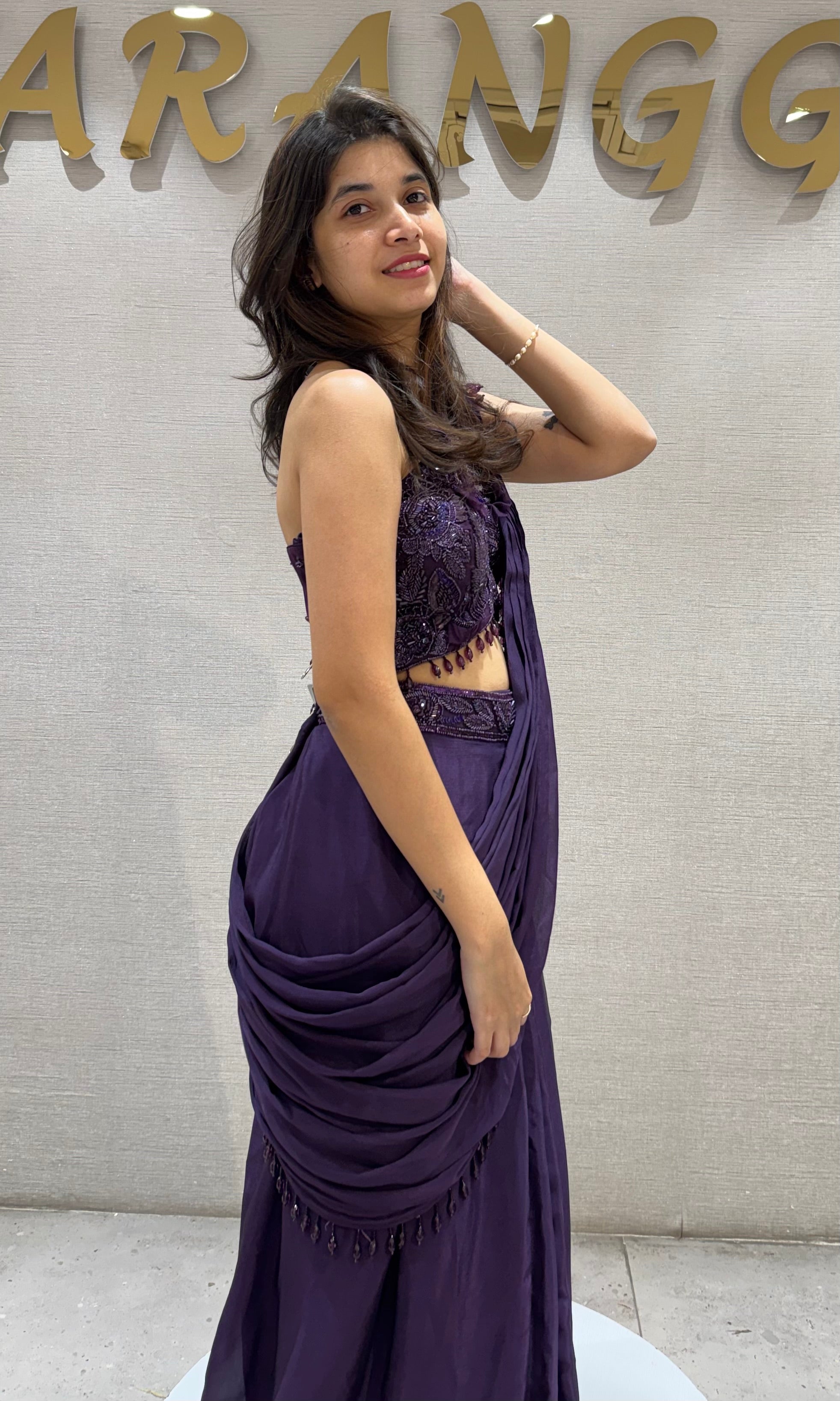 Wine Embellished Ruffle Drape Saree