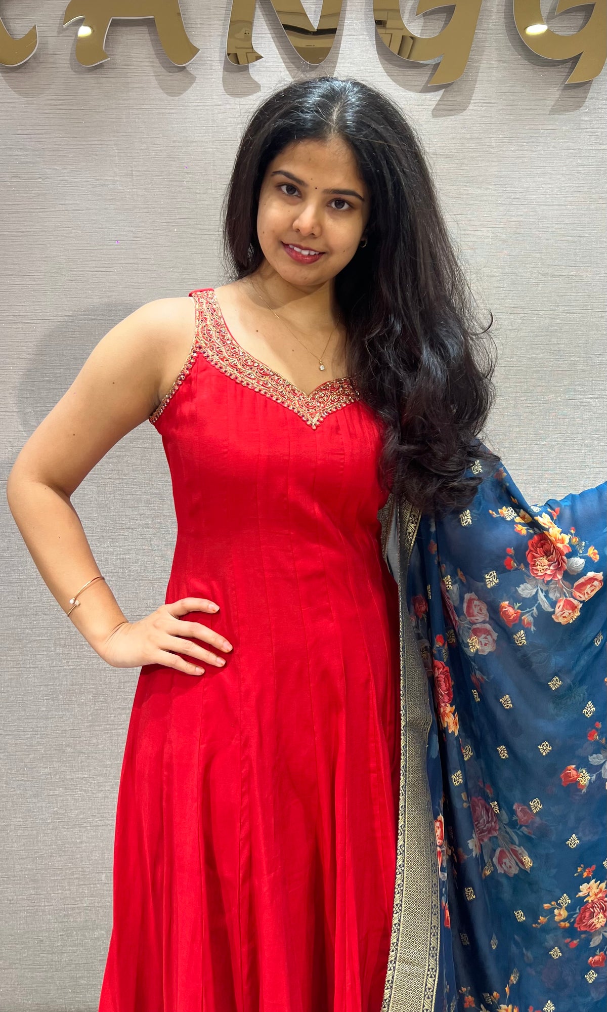Red Georgette Anarkali Set with Blue Floral Dupatta