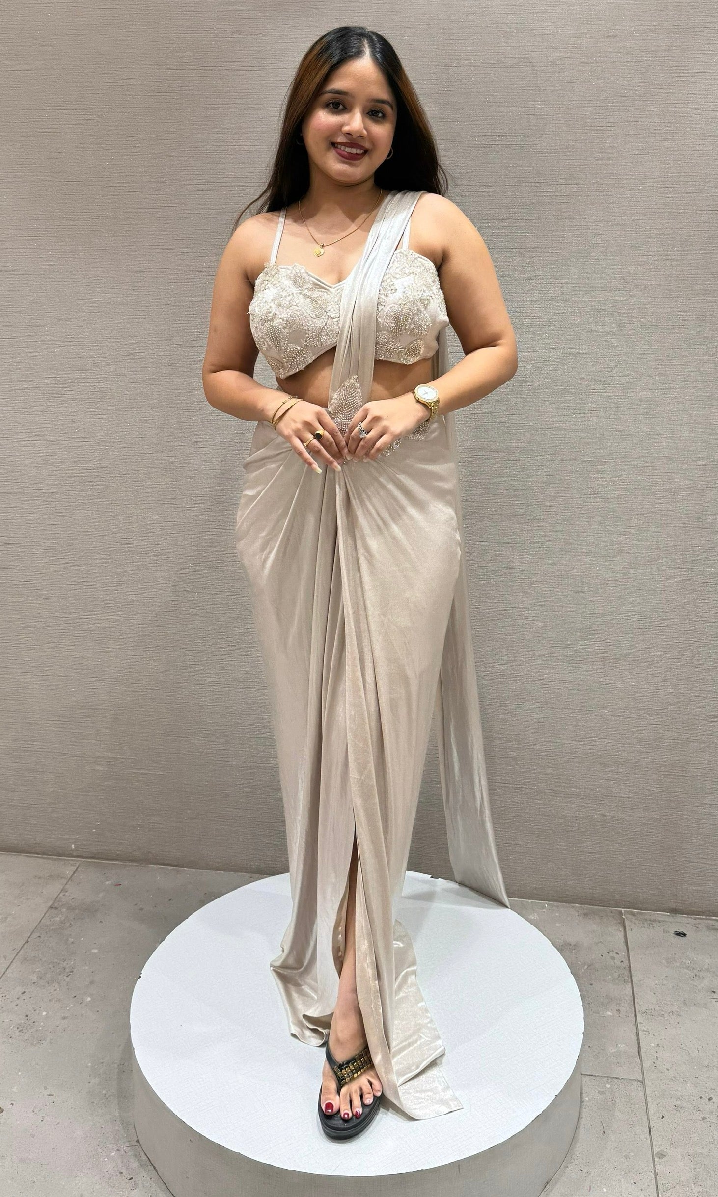 Ivory Embellished Drape Saree with Cape