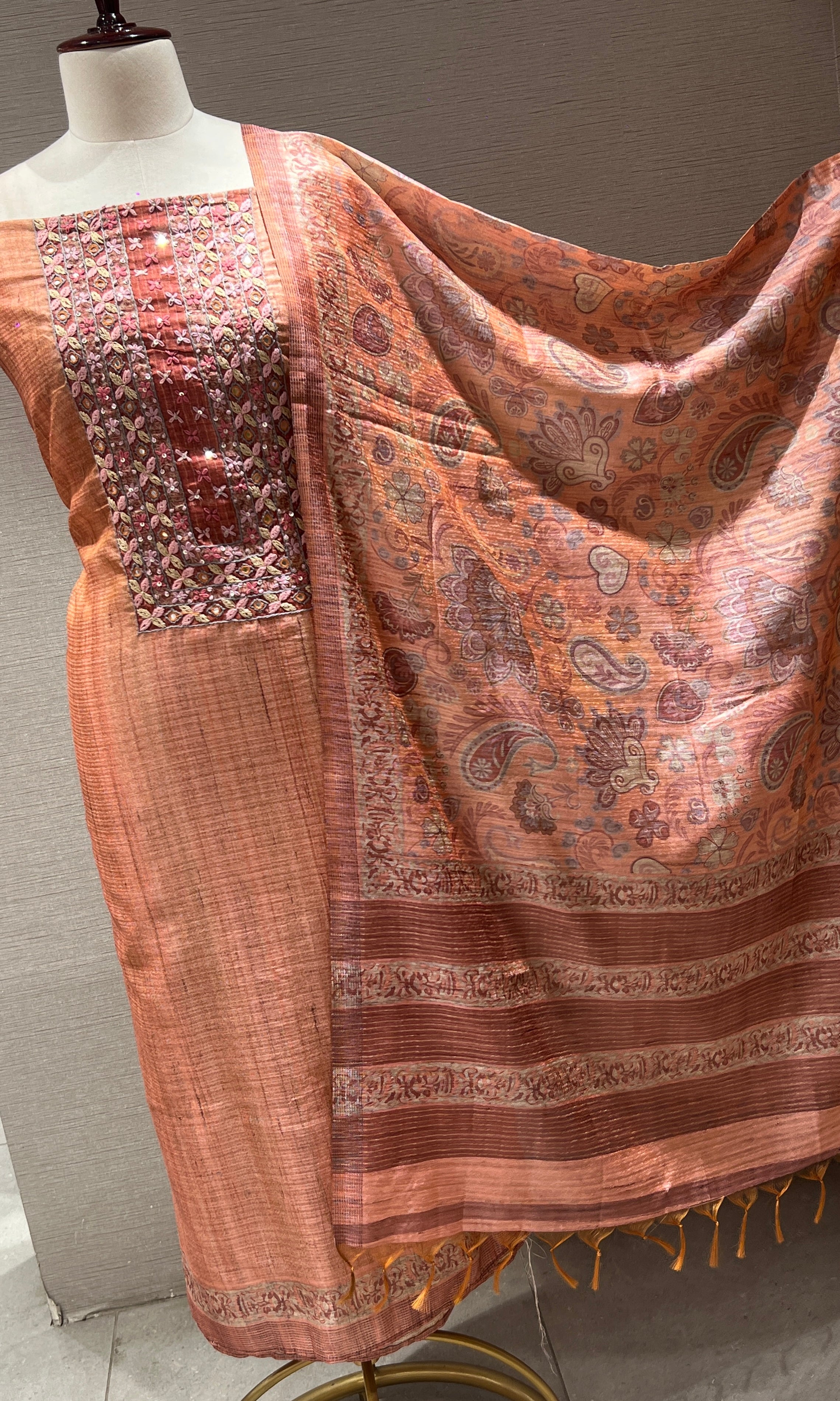 Brown embroidered party wear dress material