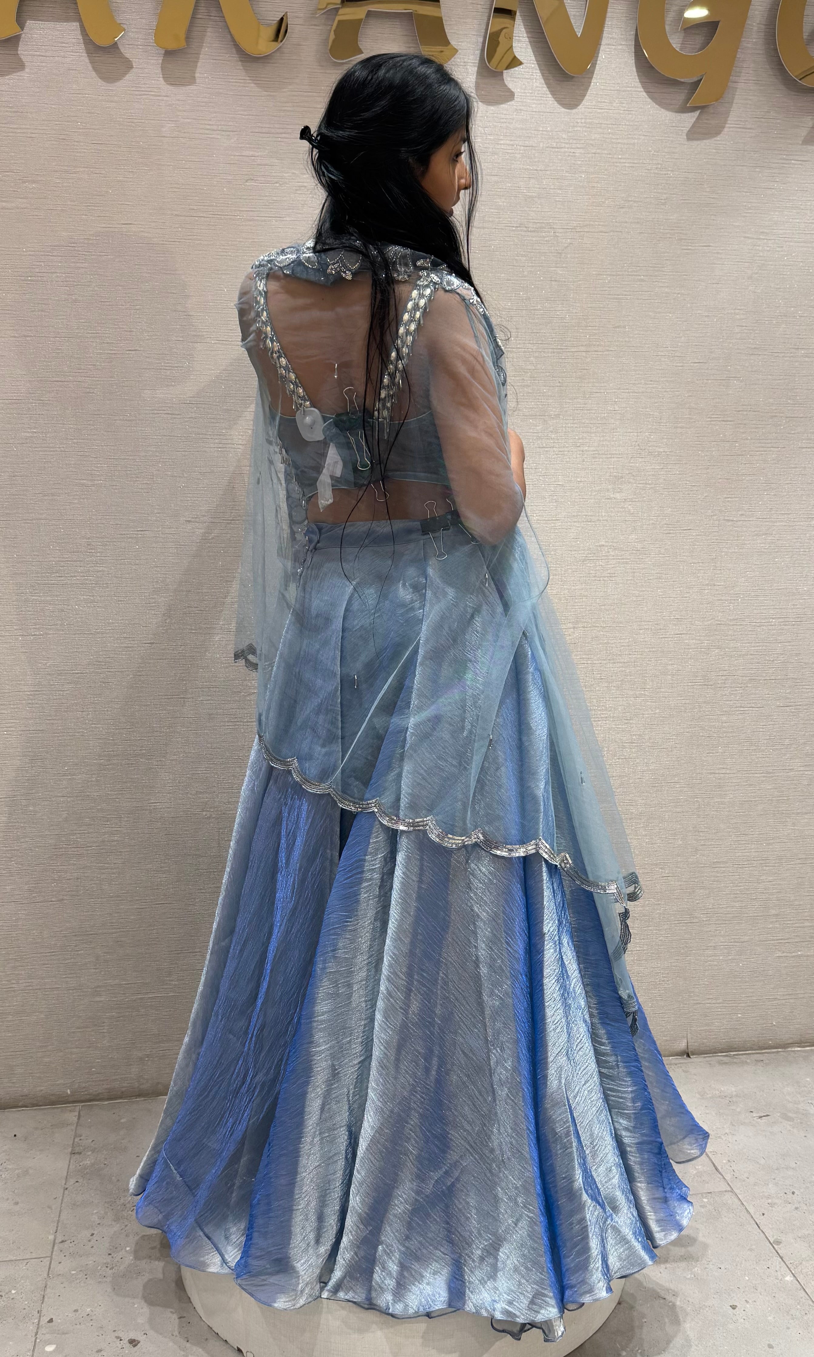 Blue embroidered Lehenga set with Silver Sequin Shrug