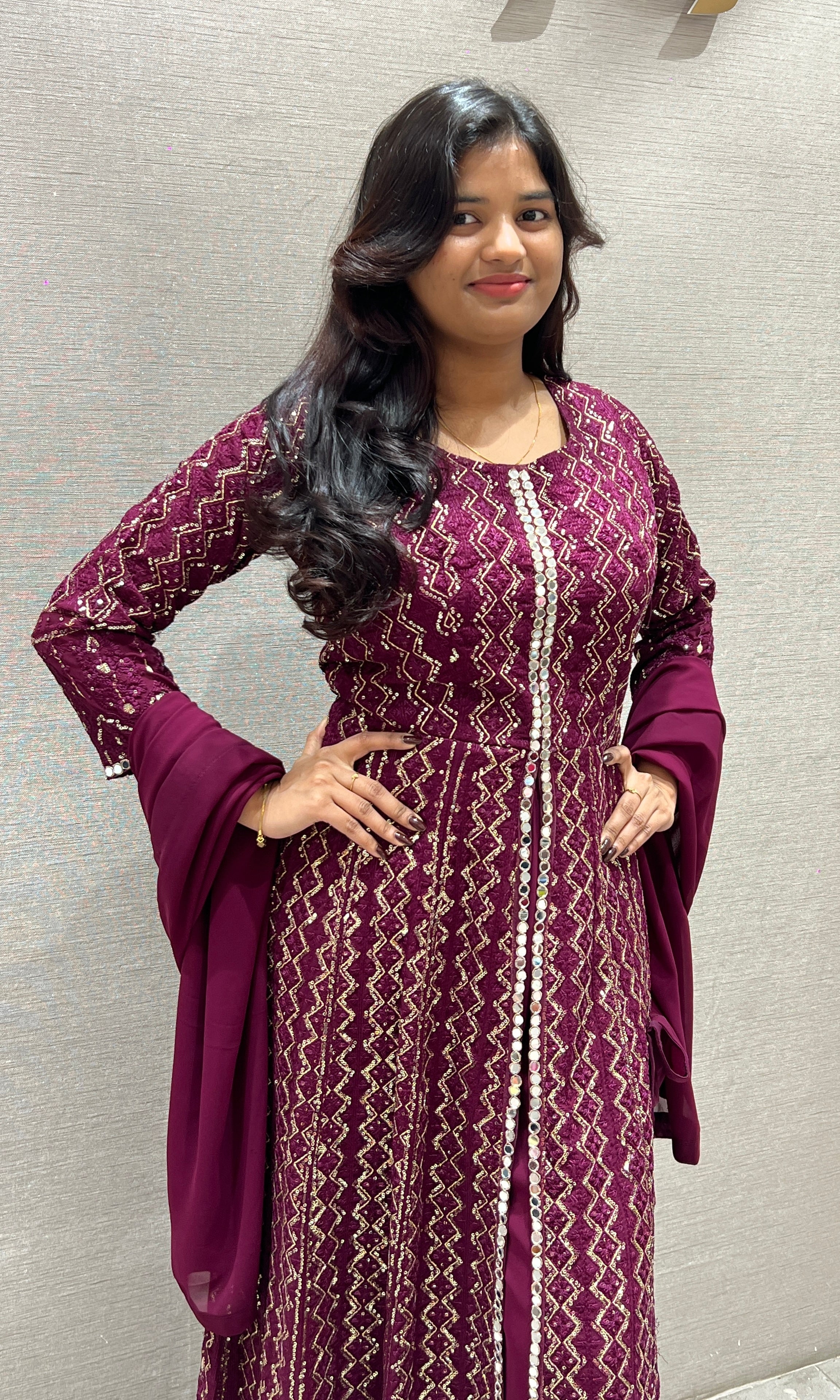Wine front slit Anarkali with palazzo pants