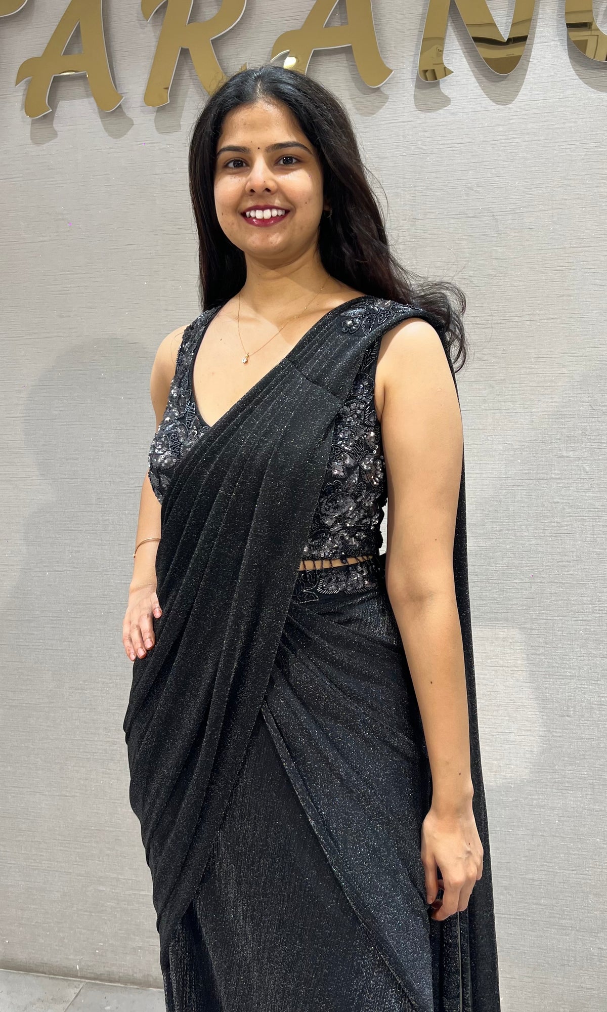 Black Shimmer Georgette Drape Saree with Velvet Blouse