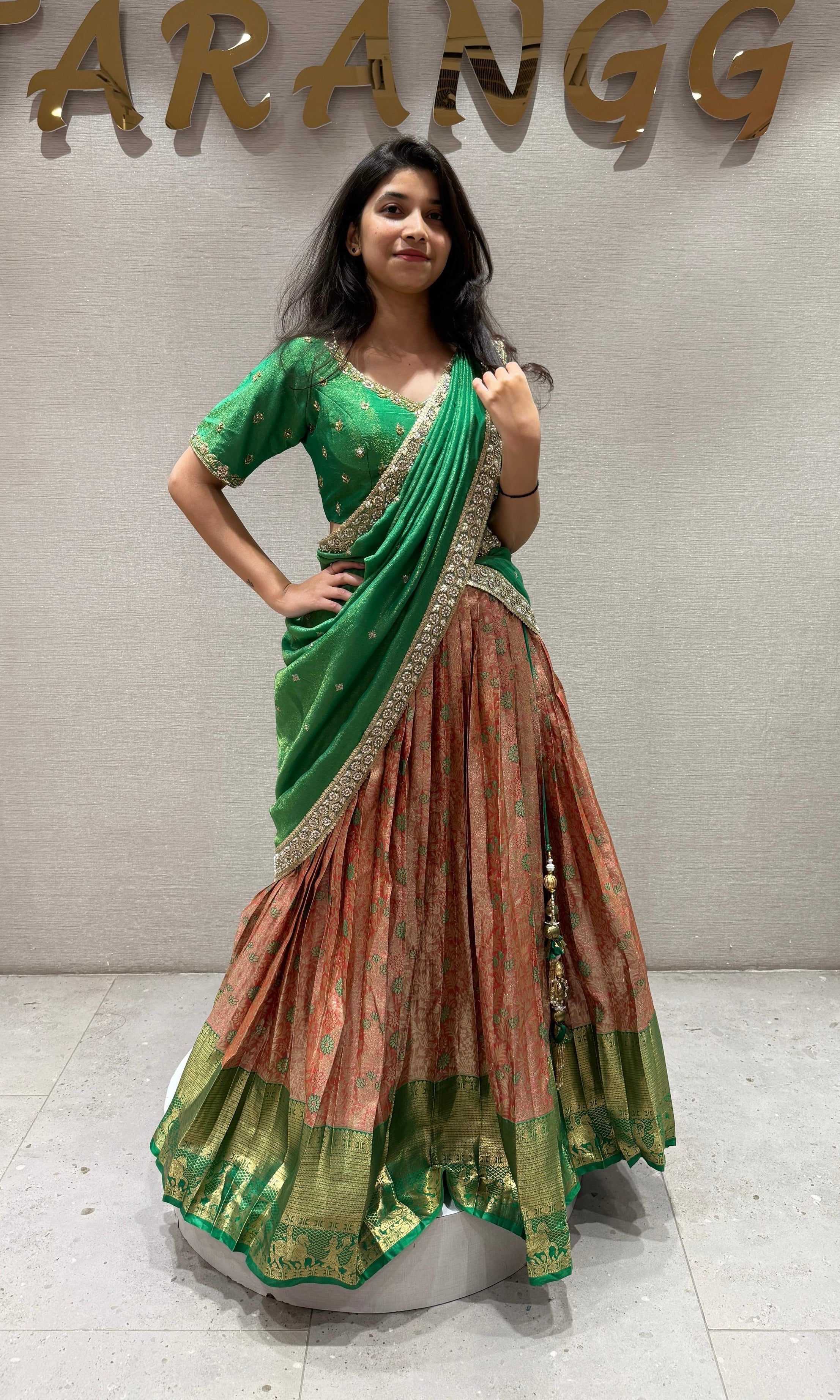 Green orange silk pattu Lehenga