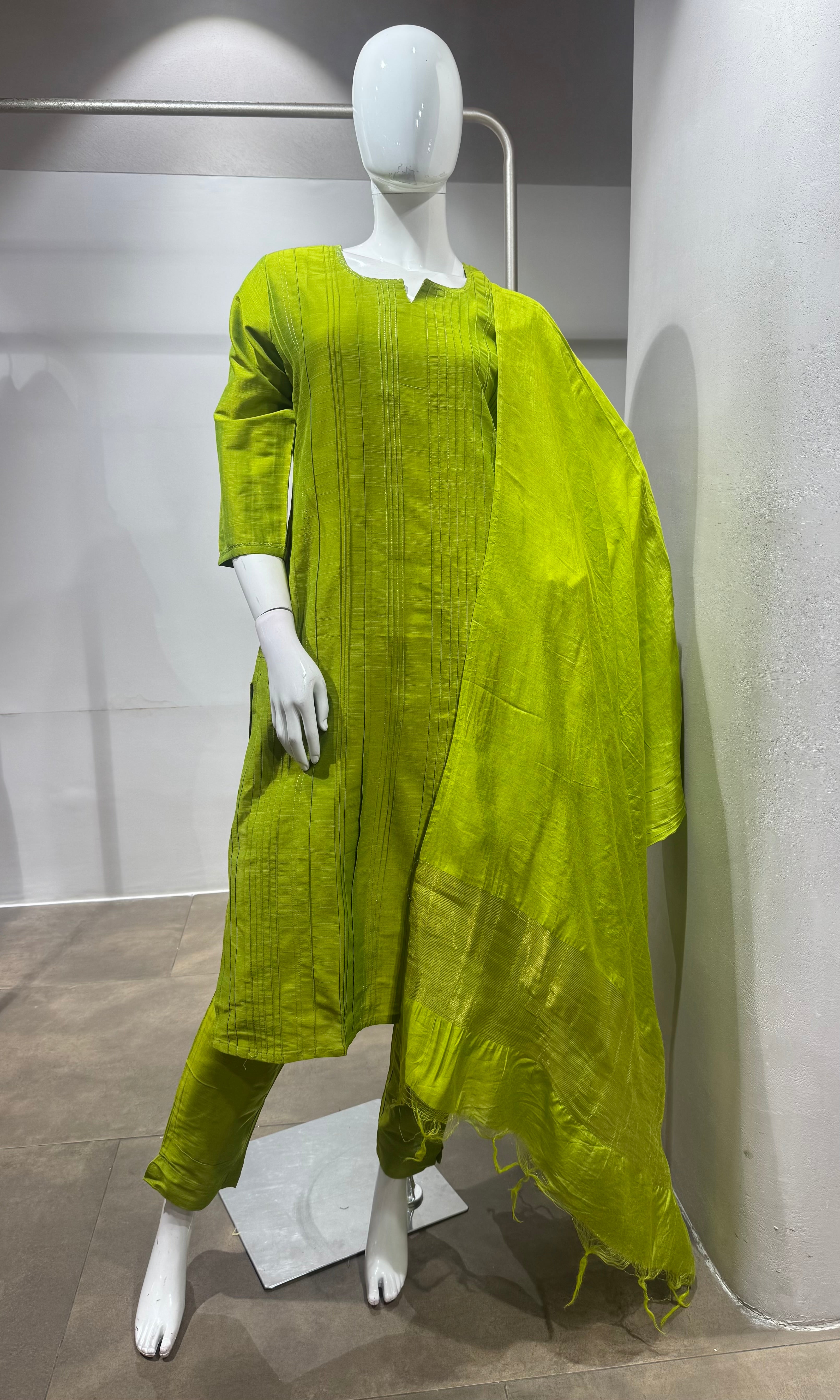 Green Silk Blend Straight Kurta Pant Set with Dupatta