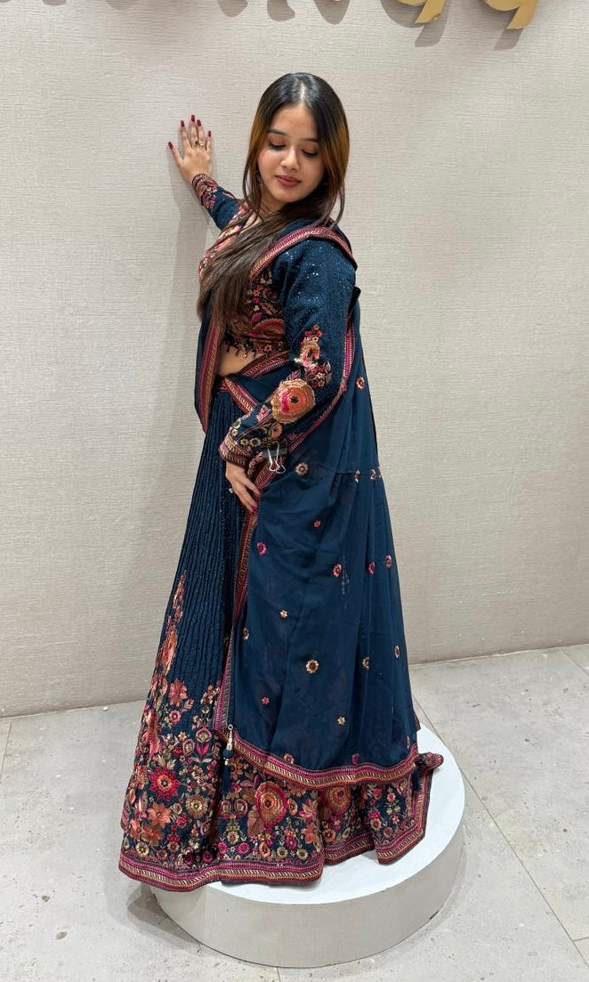 Teal blue floral sequins Lehenga
