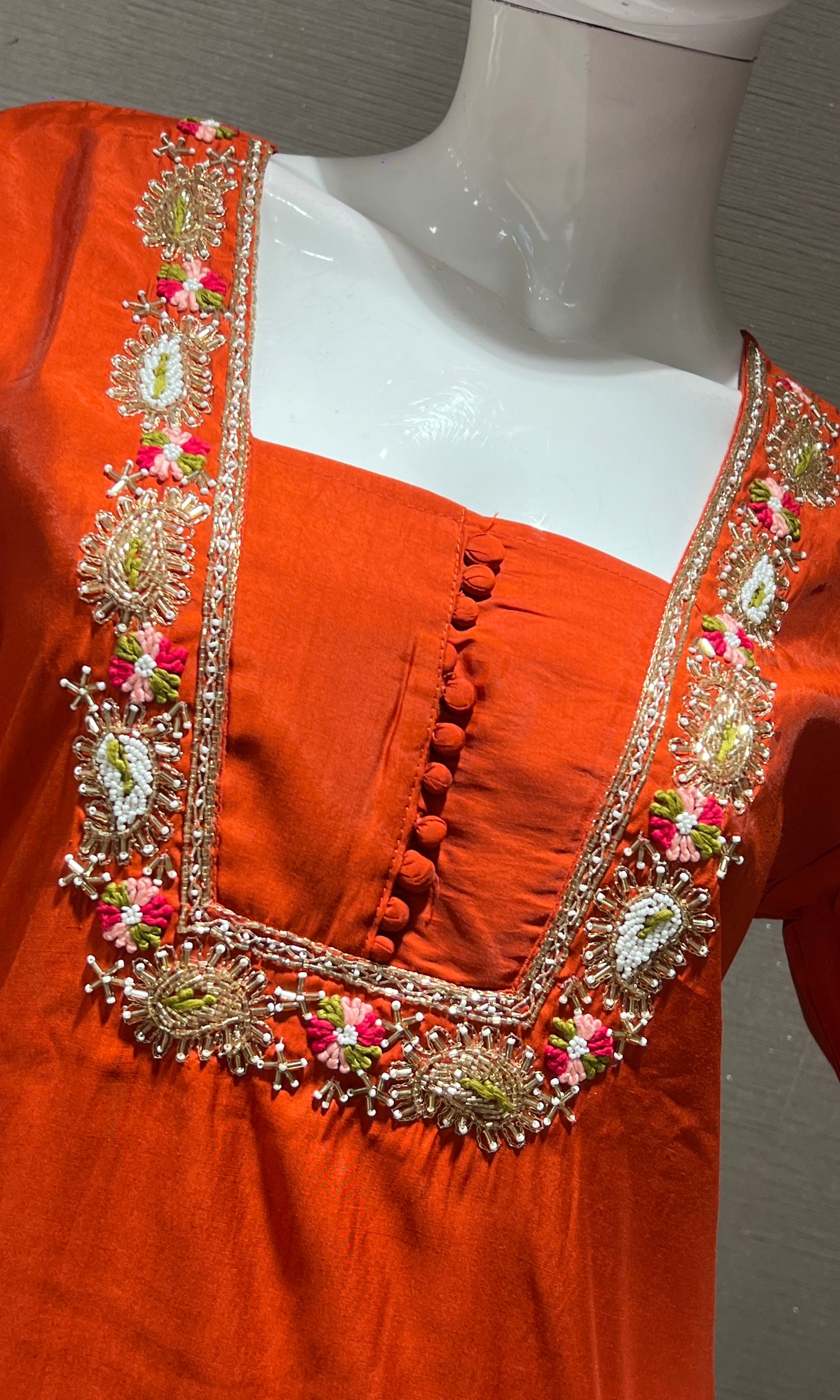 Rust orange embroidered kurti with printed dupatta