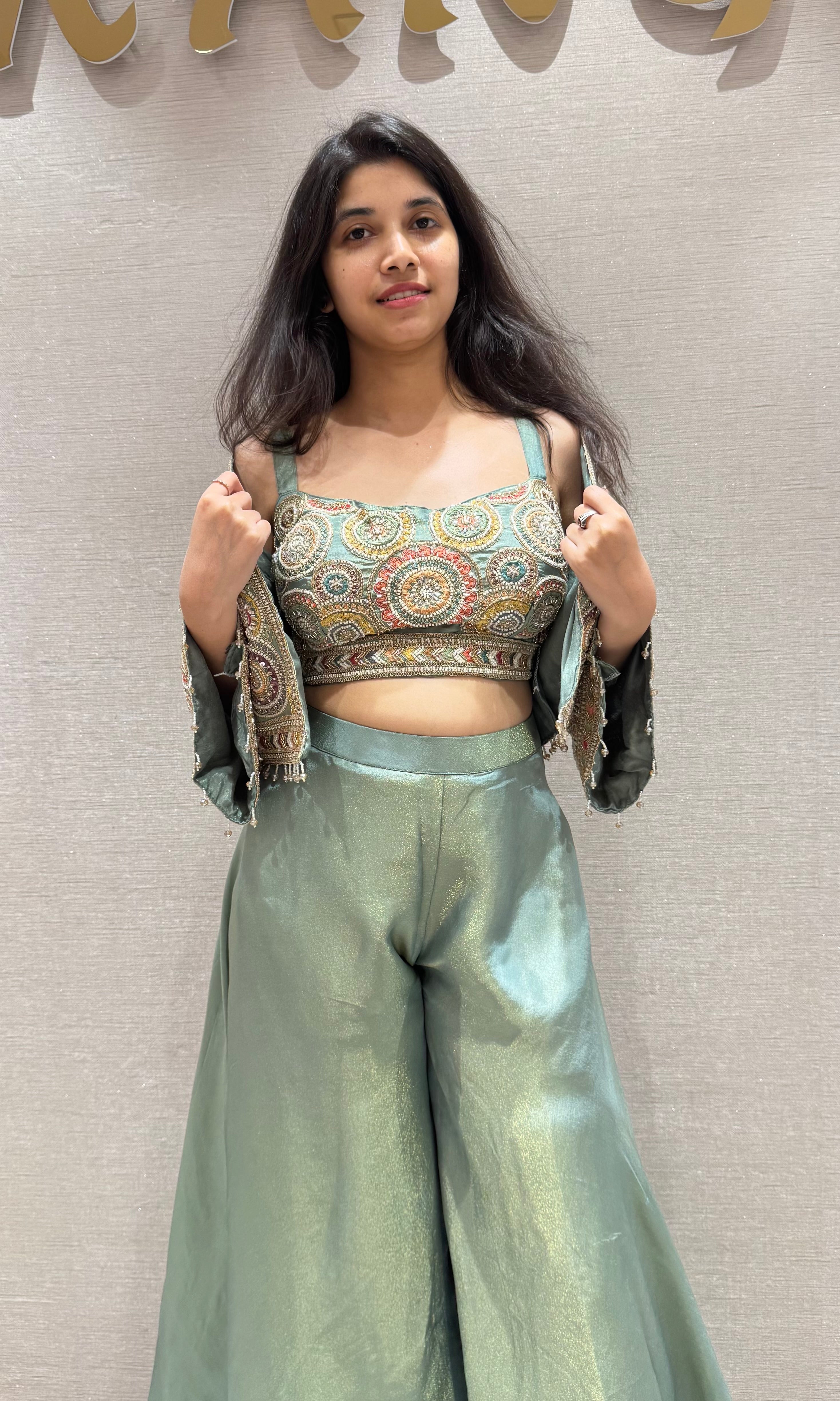 Green EMBROIDERED palazzo WITH JACKET