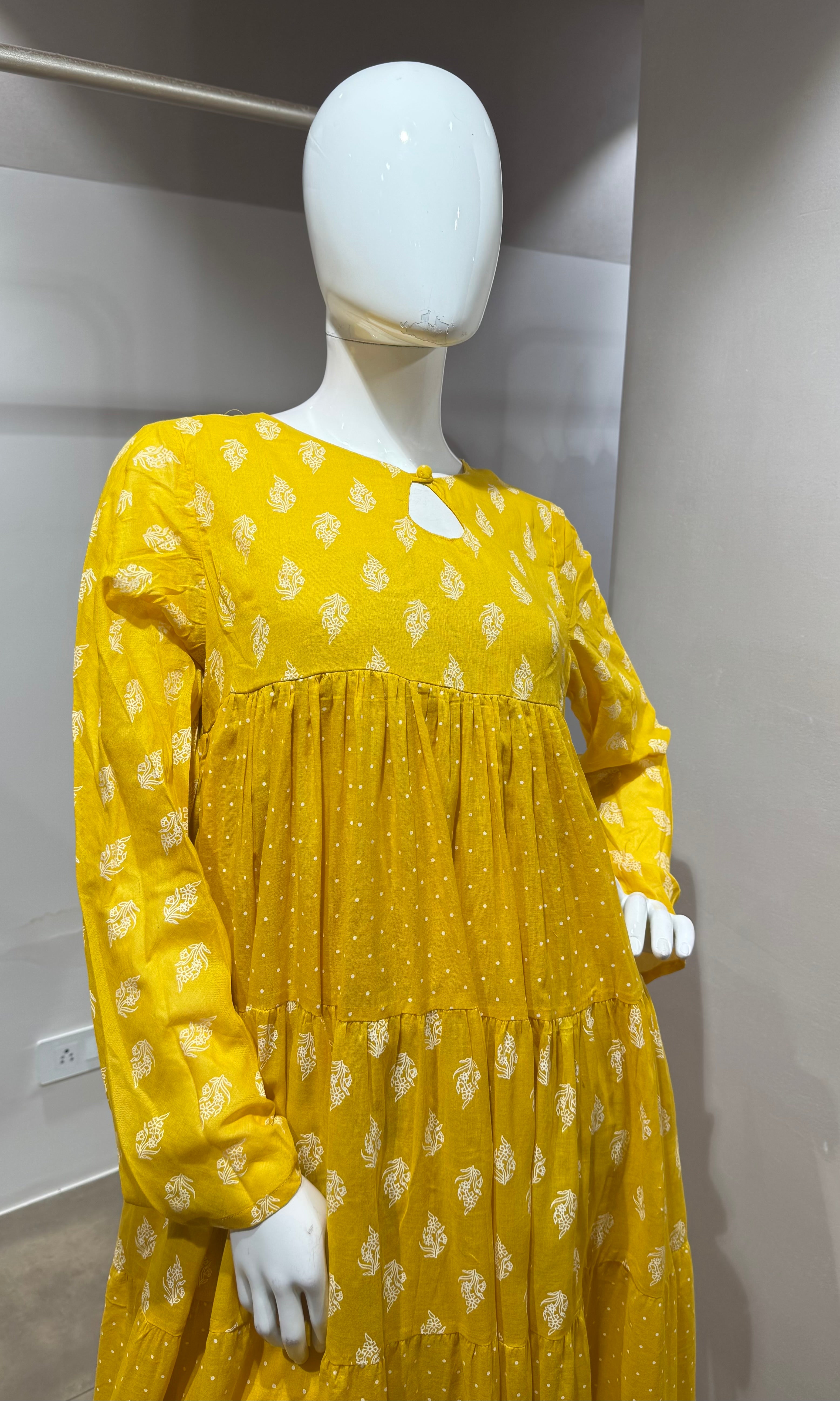 Mustard Floral Block Print anarkali Set with Dupatta