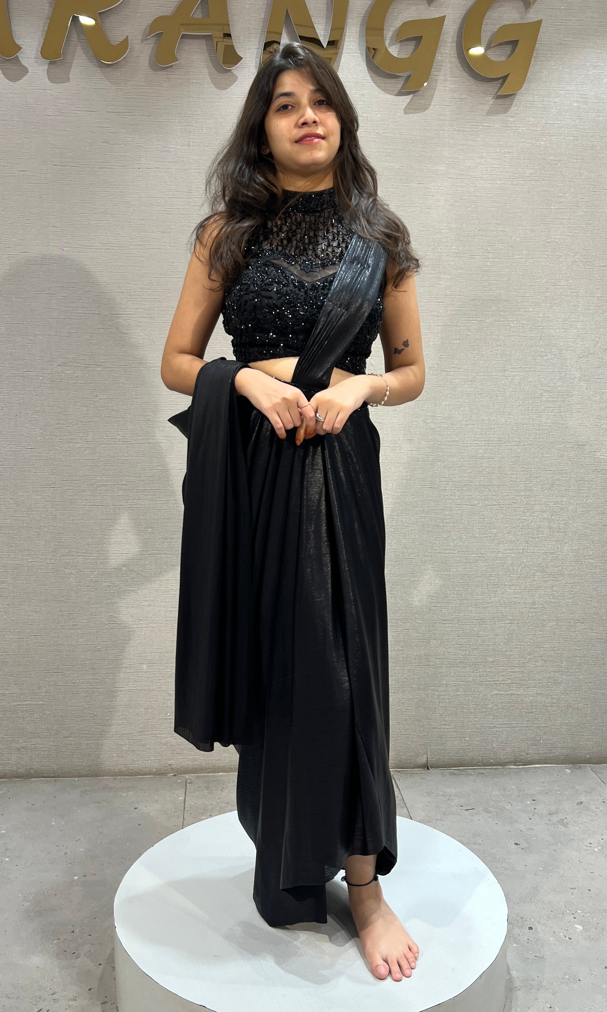 Black Drape Saree with Embellished halter blouse