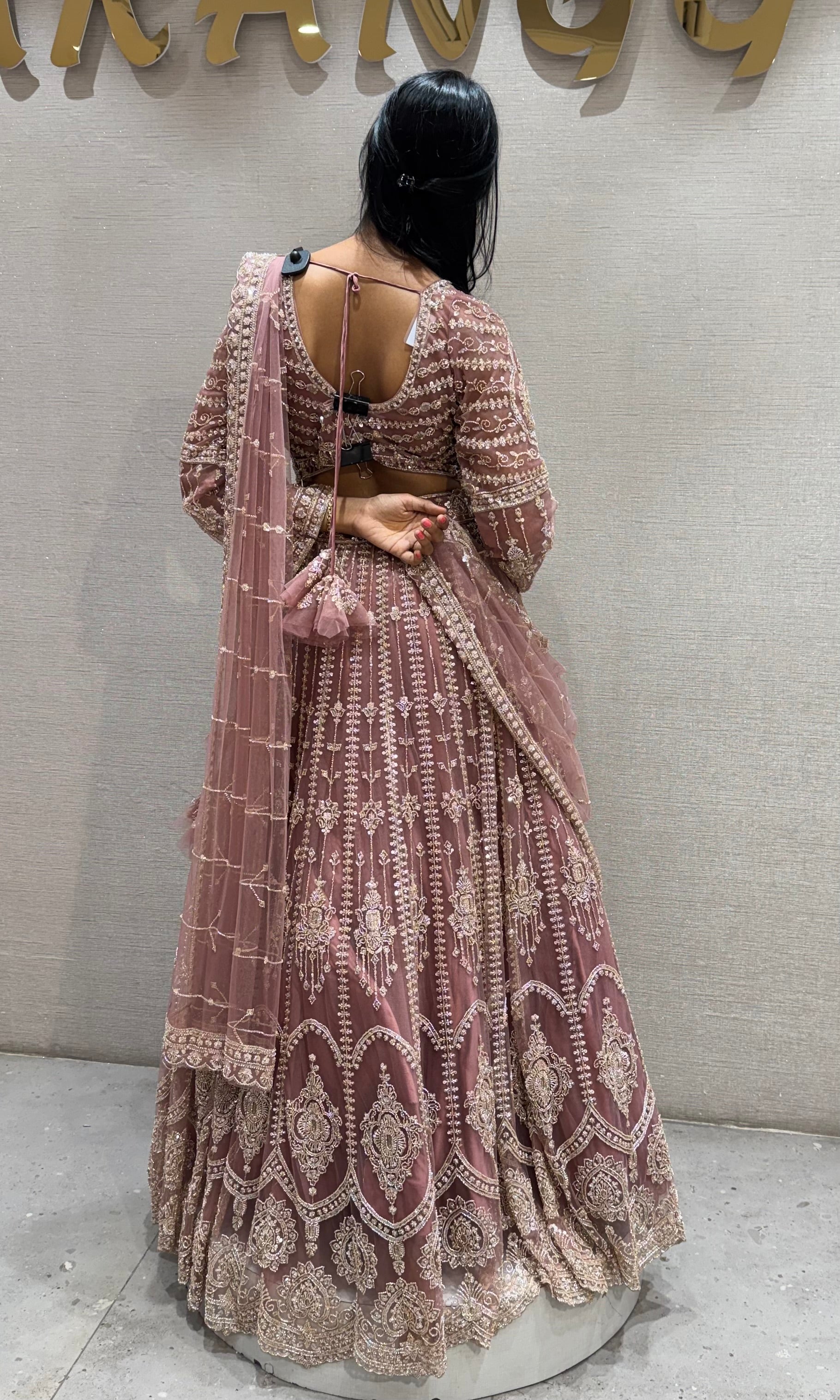 Pastel Rose pink Net Lehenga with Full Embroidered Sleeves