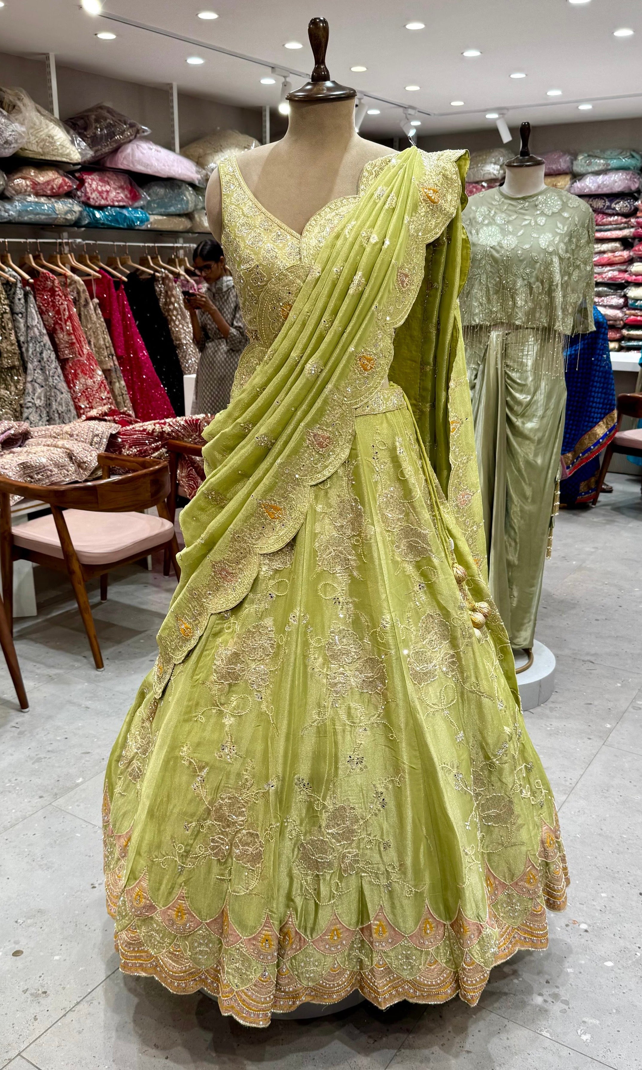 Green Detailed Floral Embroidery Lehenga