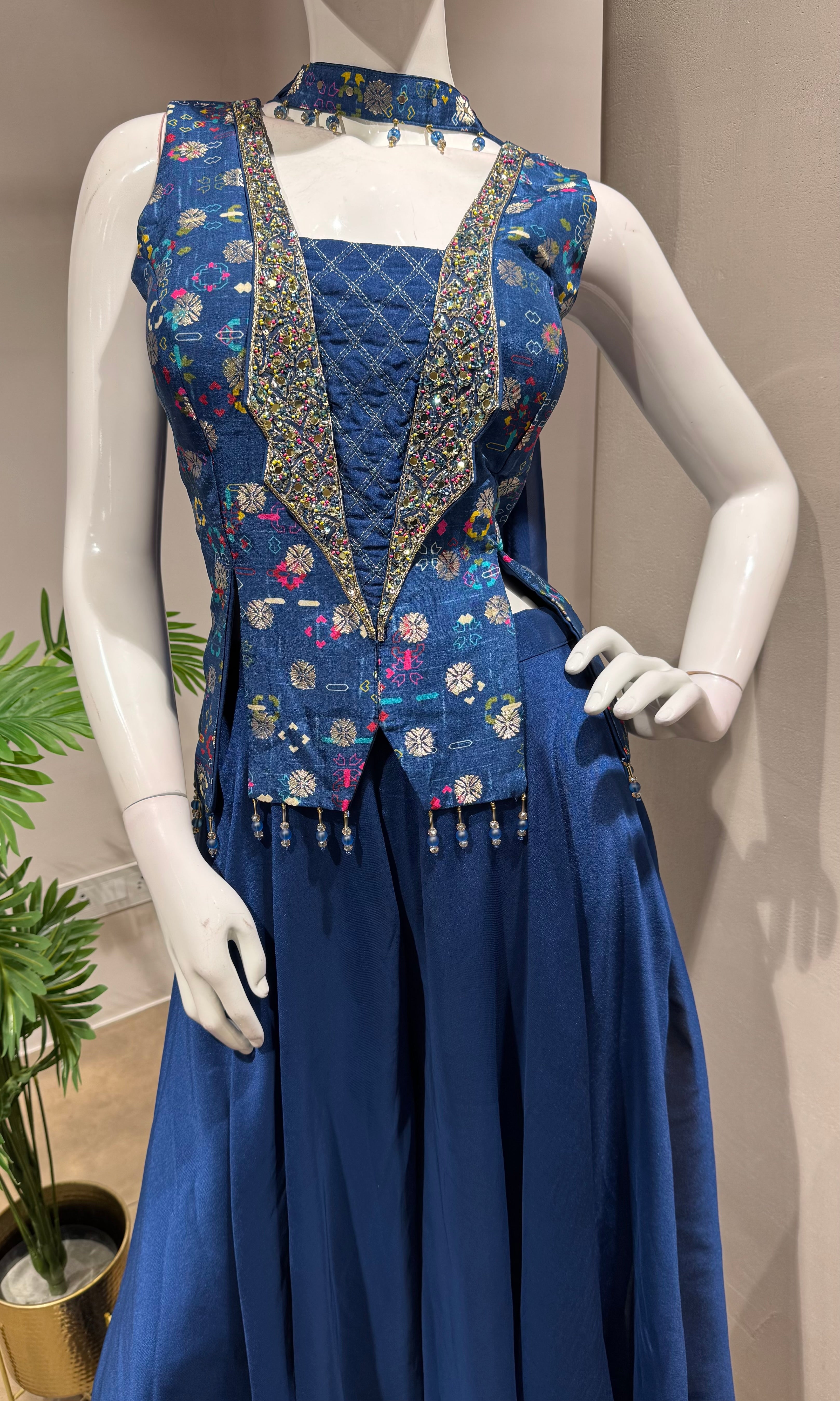 BLUE Embellished Jacket Style PALAZZO SET