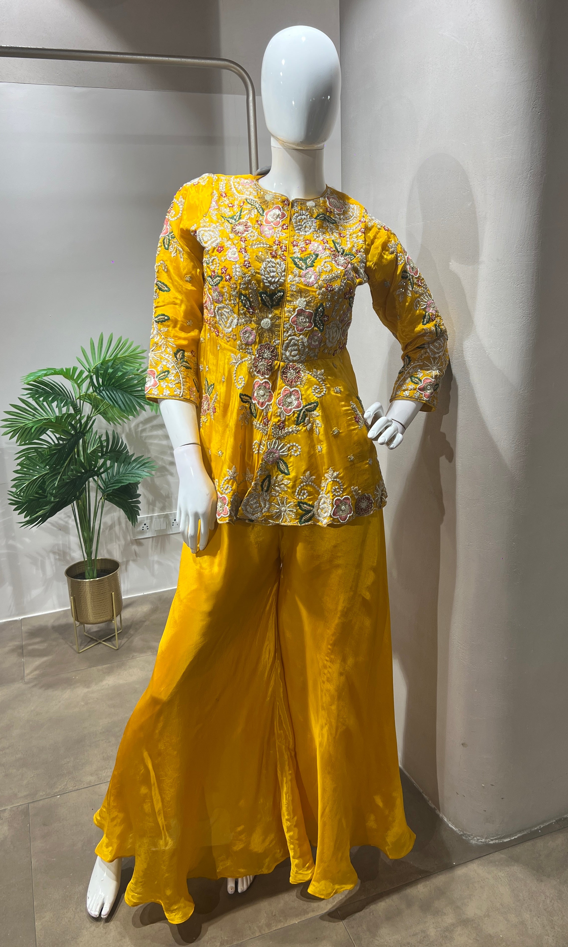 Yellow Palazzo Set with Floral Embroidery