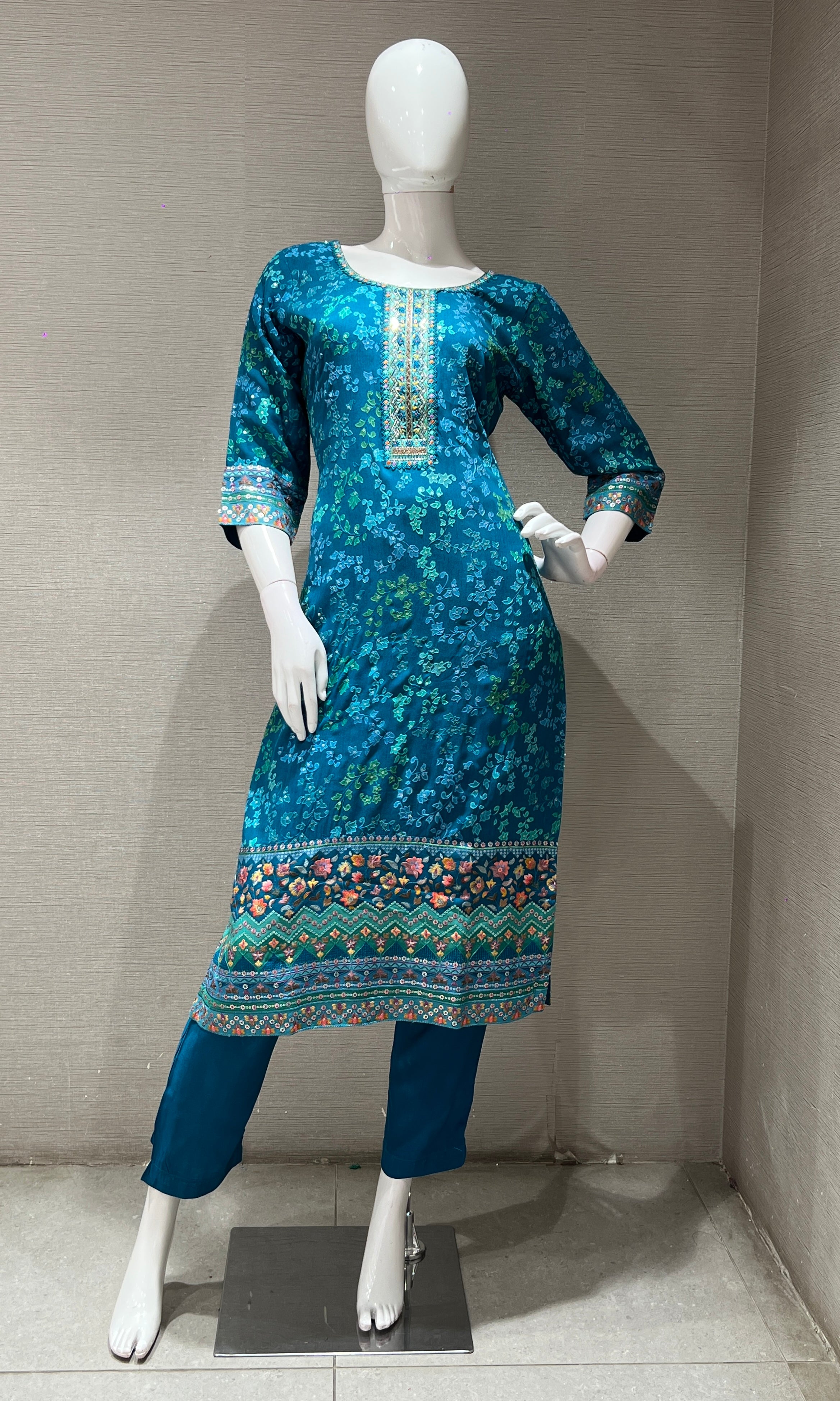 Sea green floral print kurta set