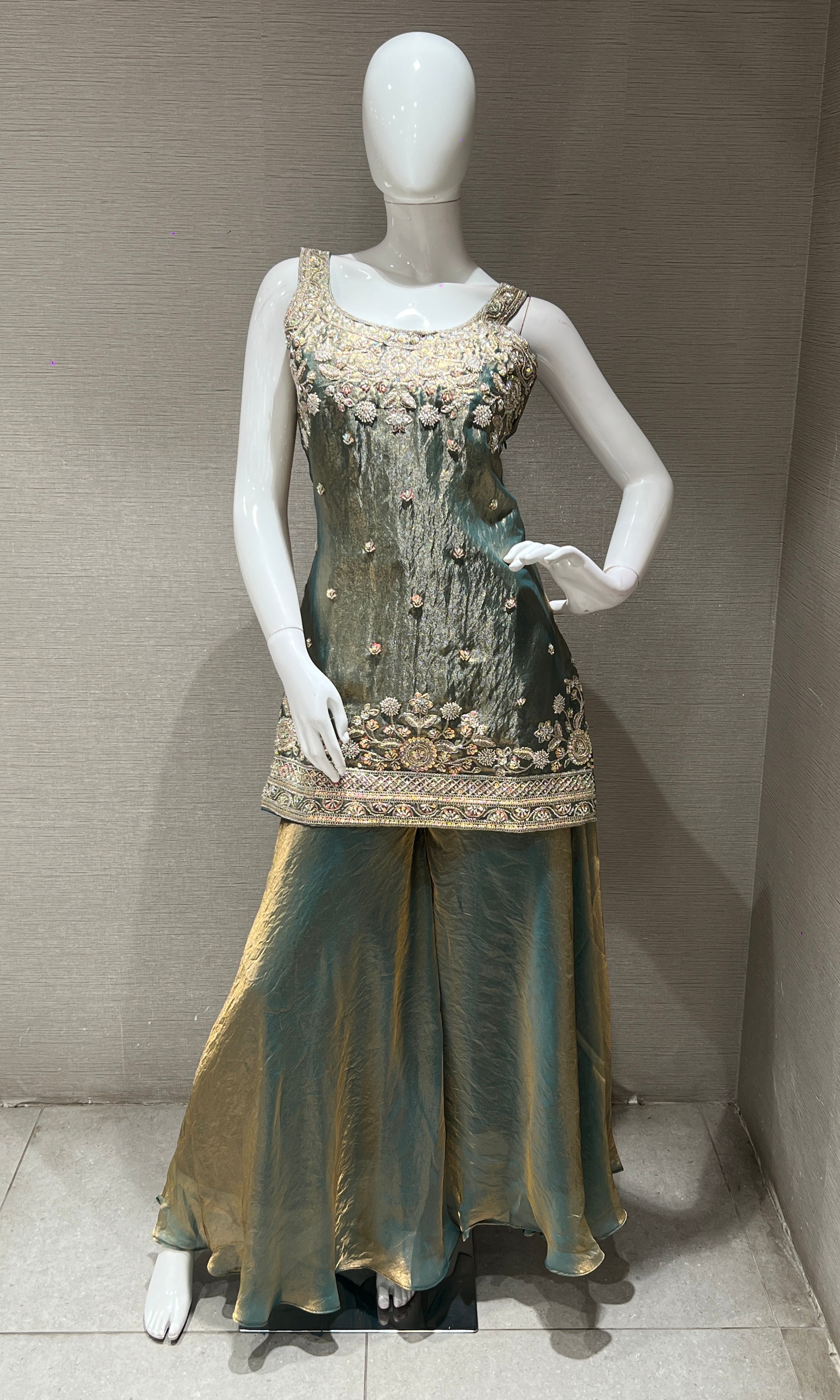Green Gold Embroidered Sharara Palazzo