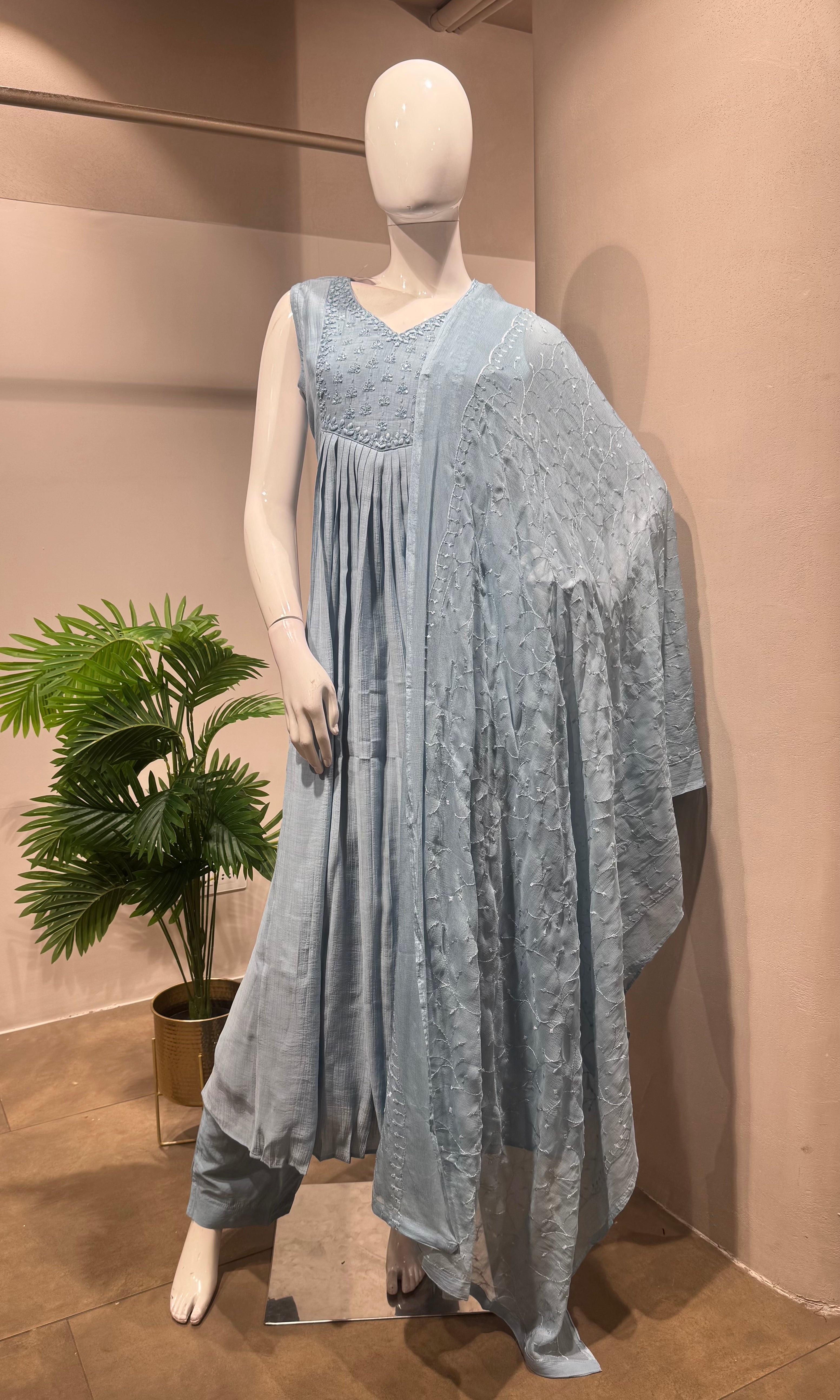 blue embroidered anarkali kurta set
