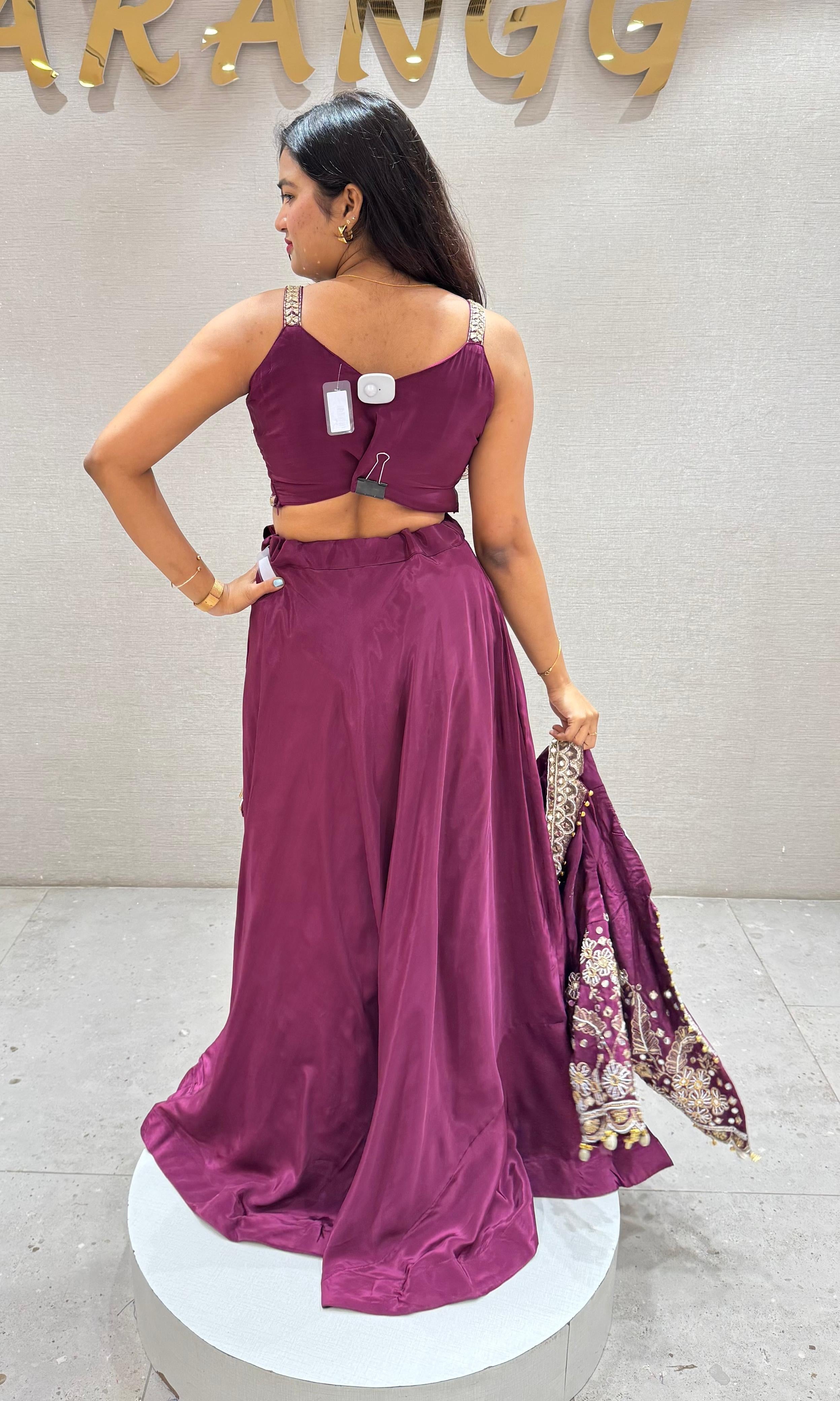 Wine Lehenga with Embellished Crop Jacket
