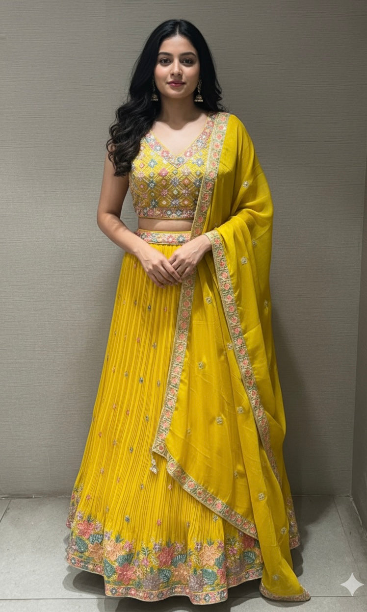 Yellow floral embroidered lehenga