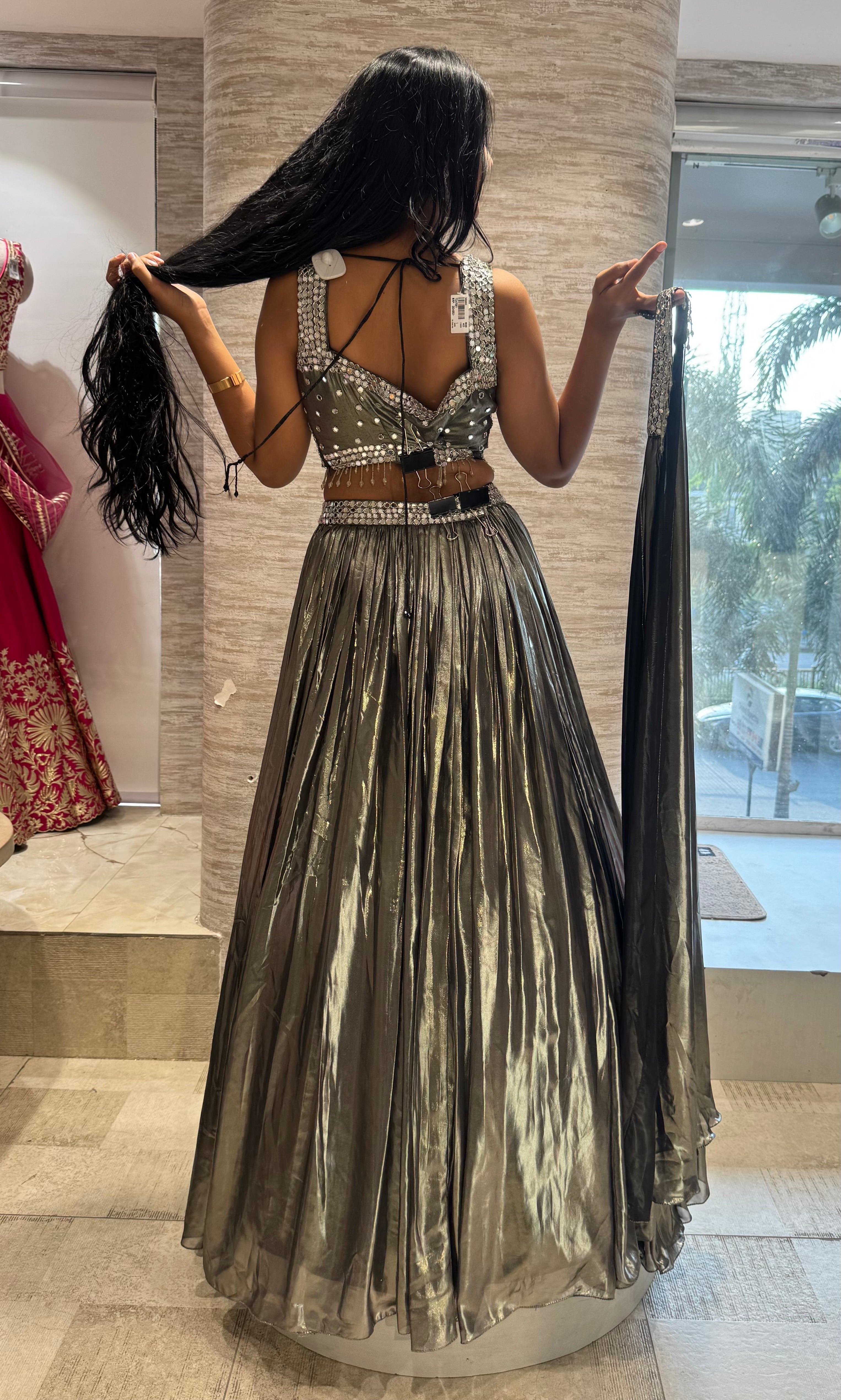 OLIVE GREEN pleated metallic LEHENGA SET