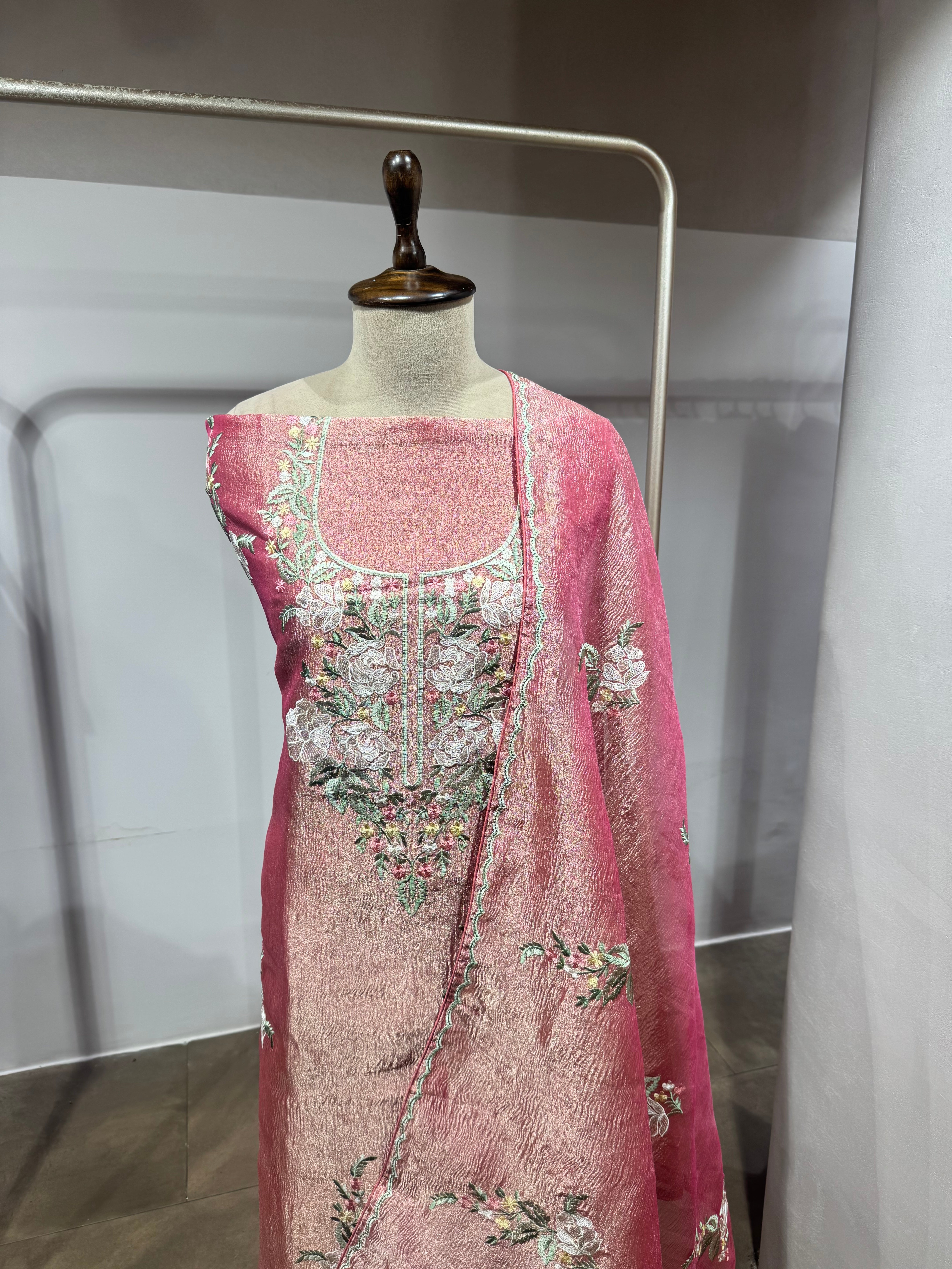 Pink Floral Tissue dress material