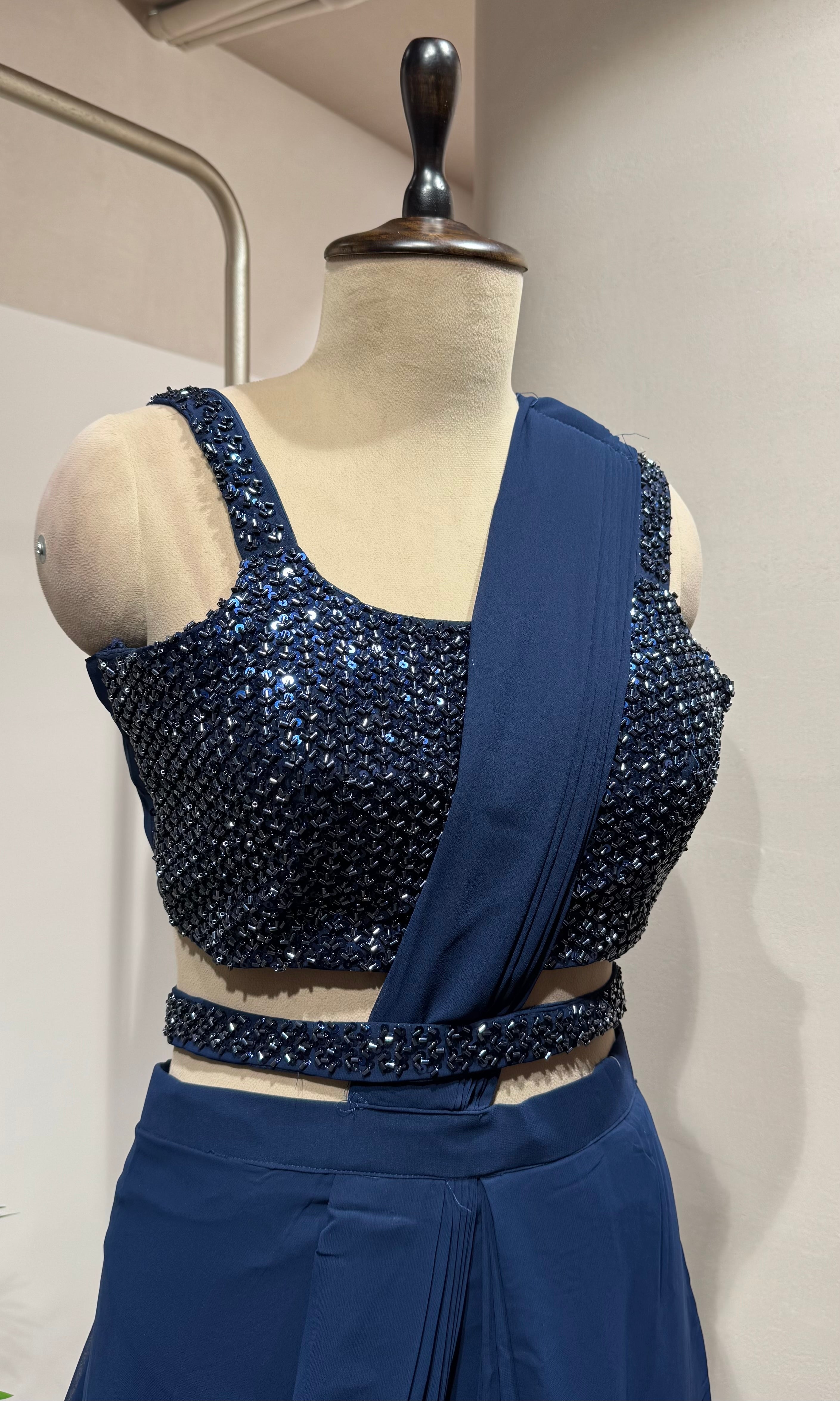 navy blue pre-draped saree with blouse & belt