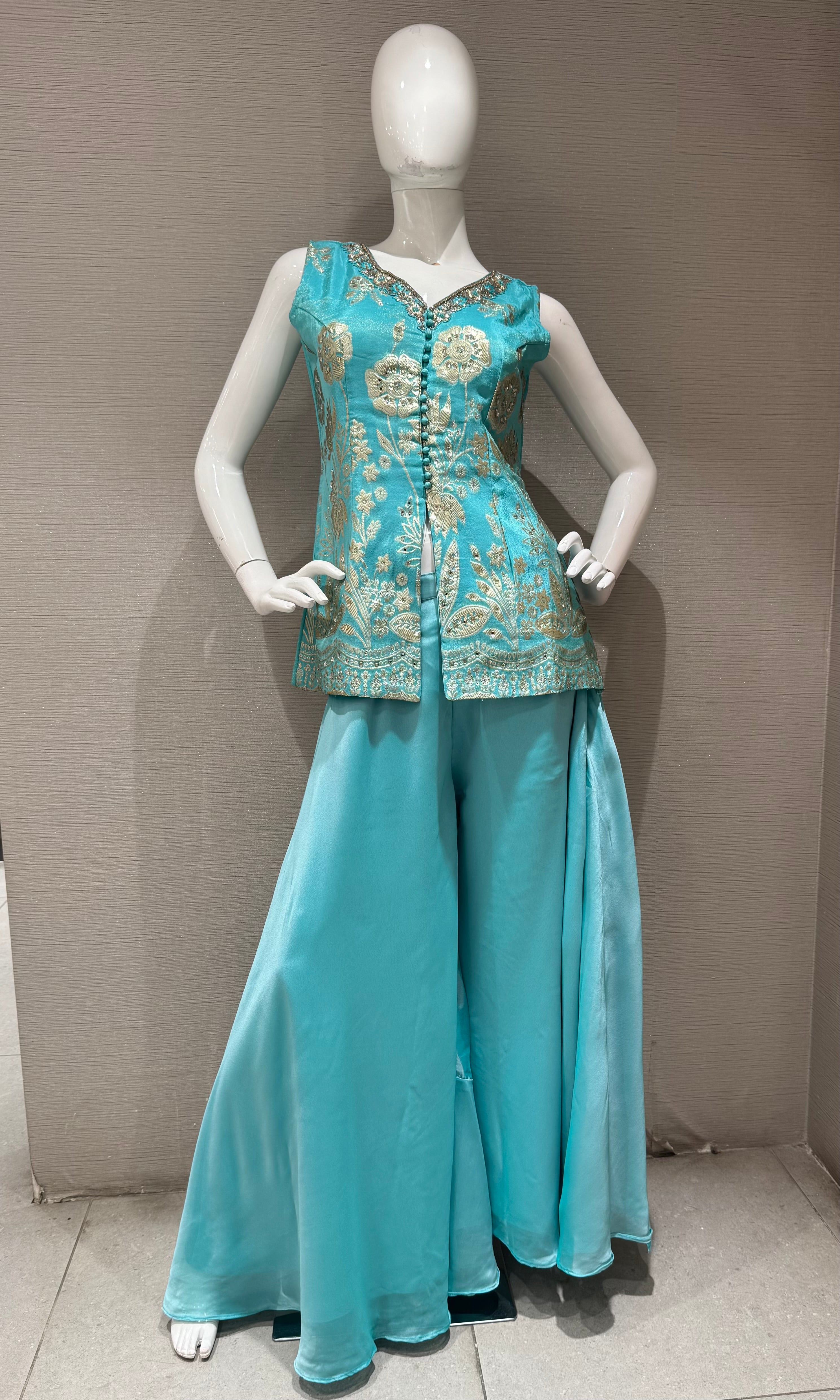 Sea Blue embroidered short peplum palazzo set