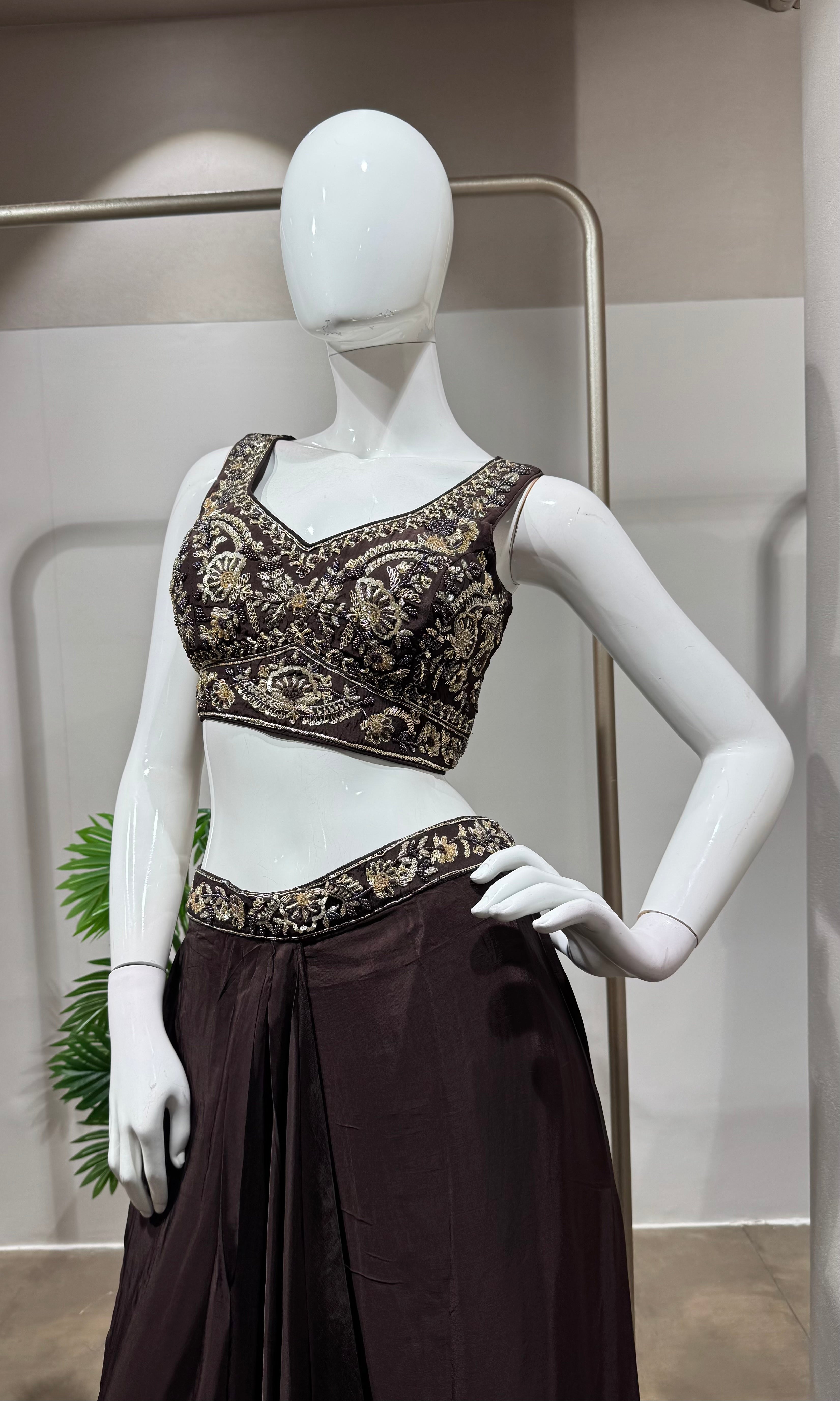 Brown silk drape skirt with cape & crop top