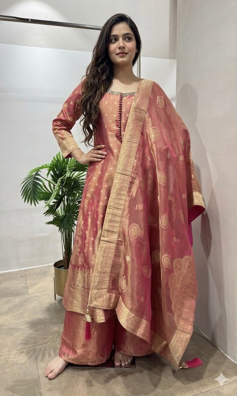 PINK BANARASI ANARKALI WITH PALAZZO PANTS