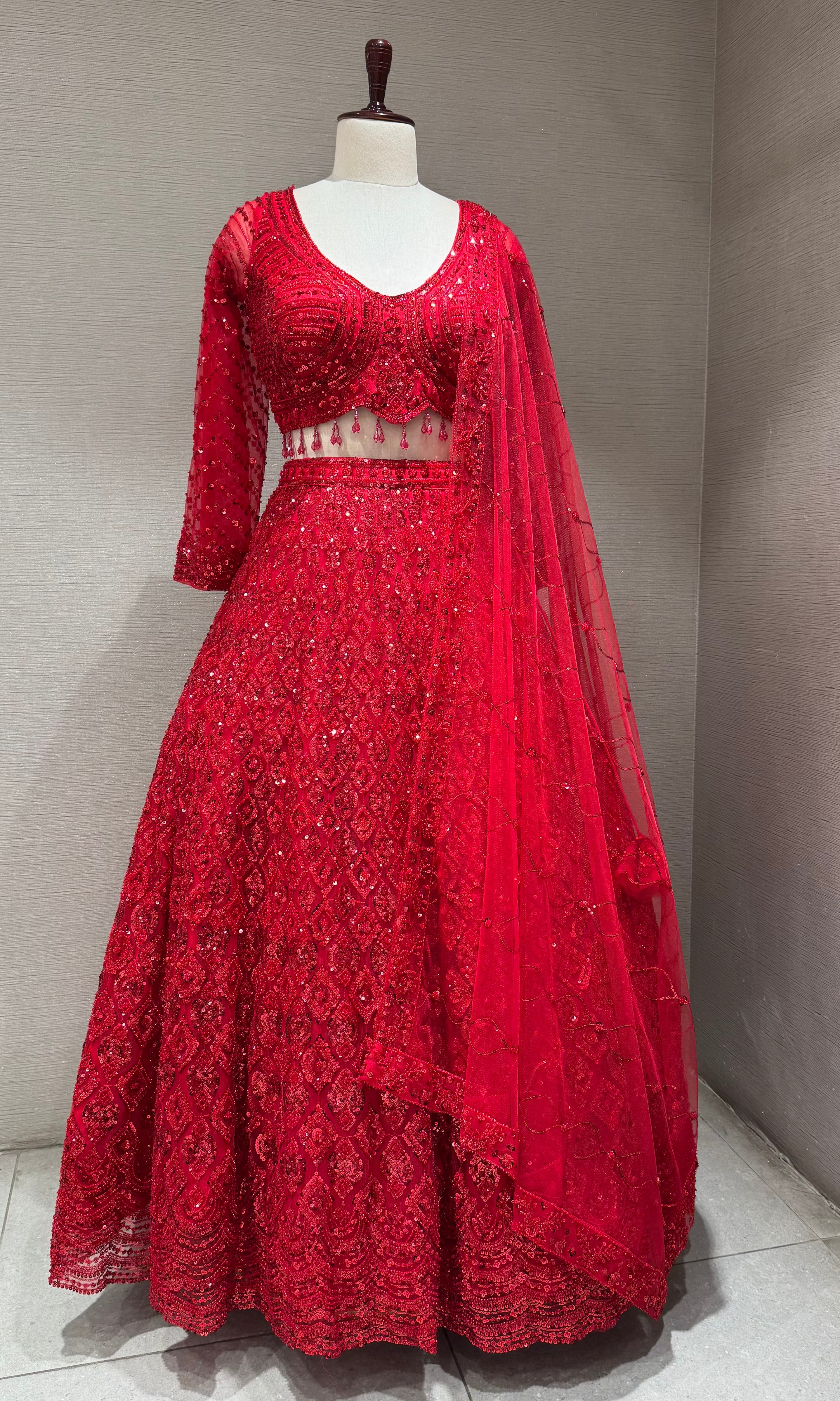 Ruby Red Embellished Lehenga Choli with Sequin Net Dupatta
