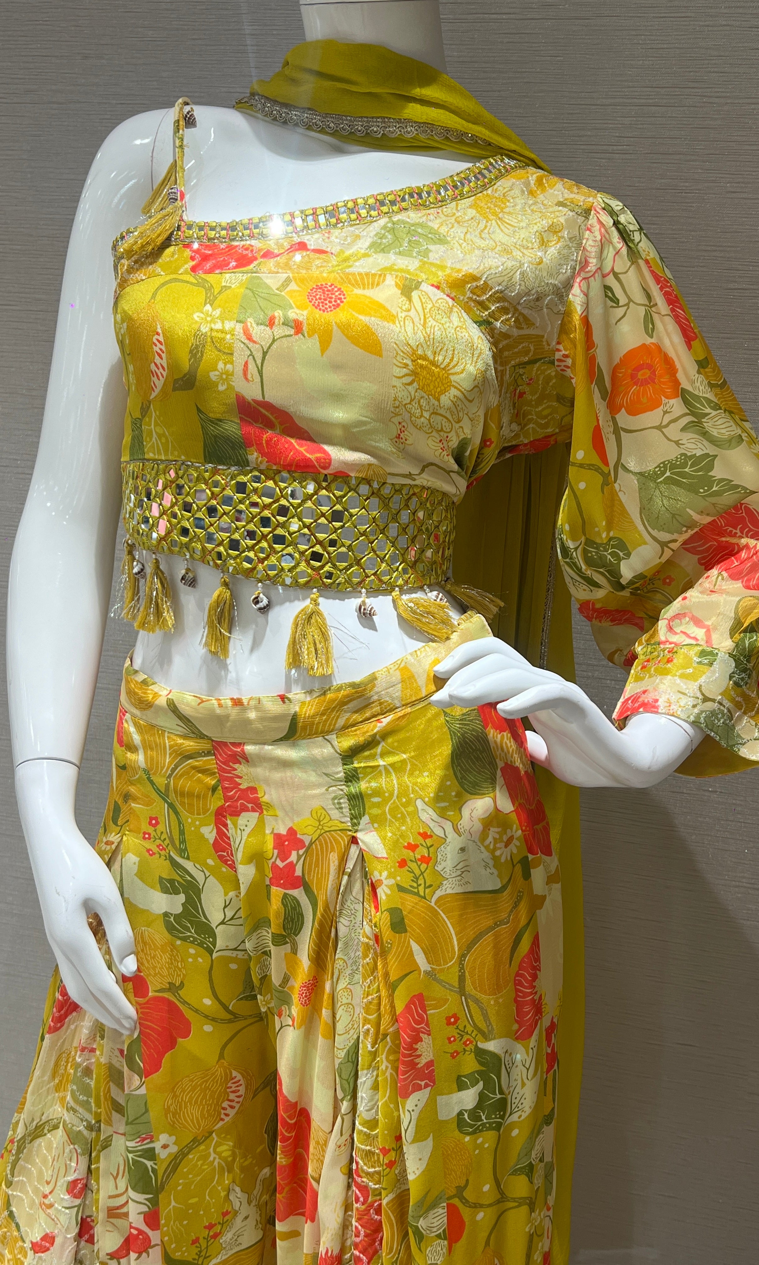 Yellow one shoulder crop top with palazzo