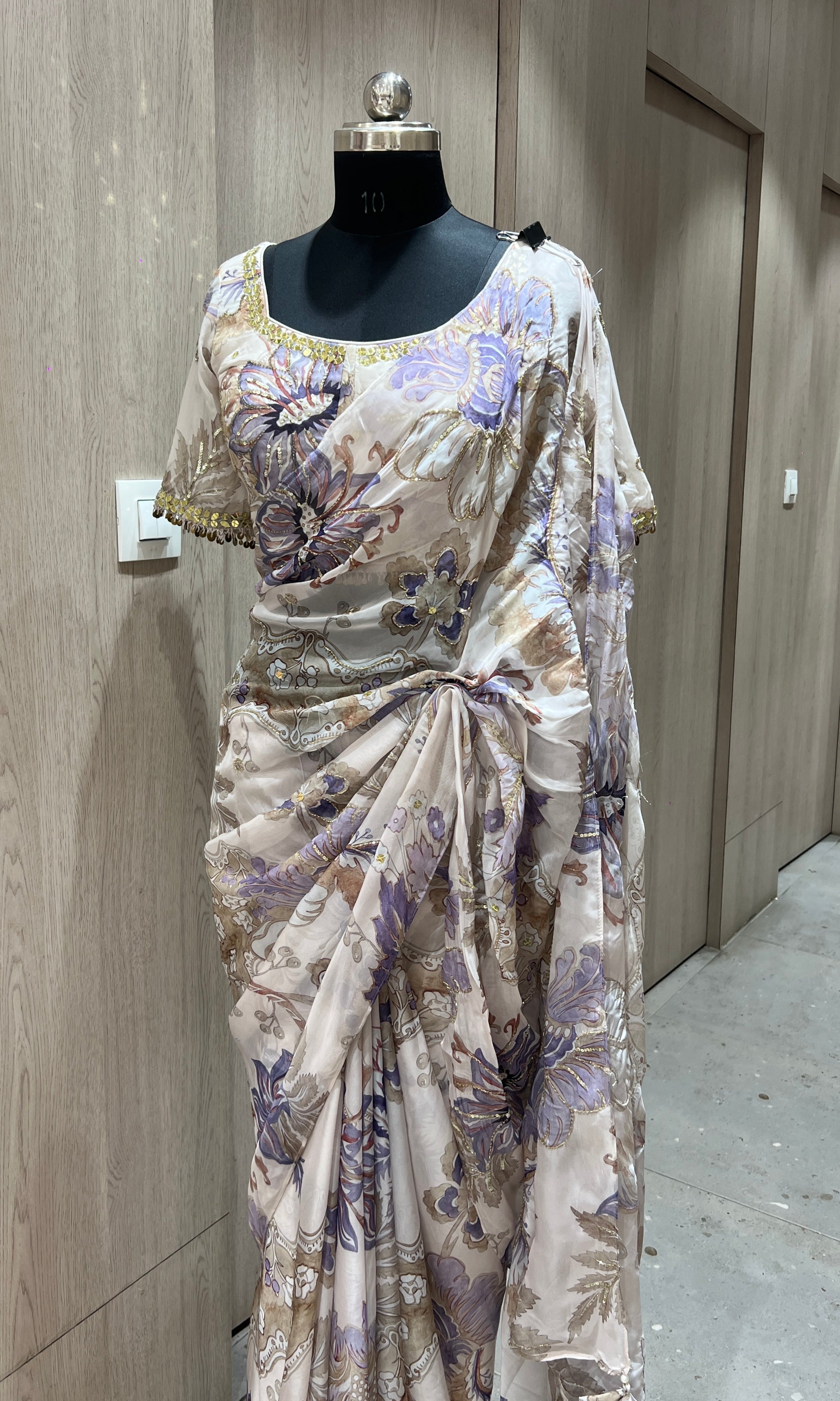 Grey floral saree with ready blouse