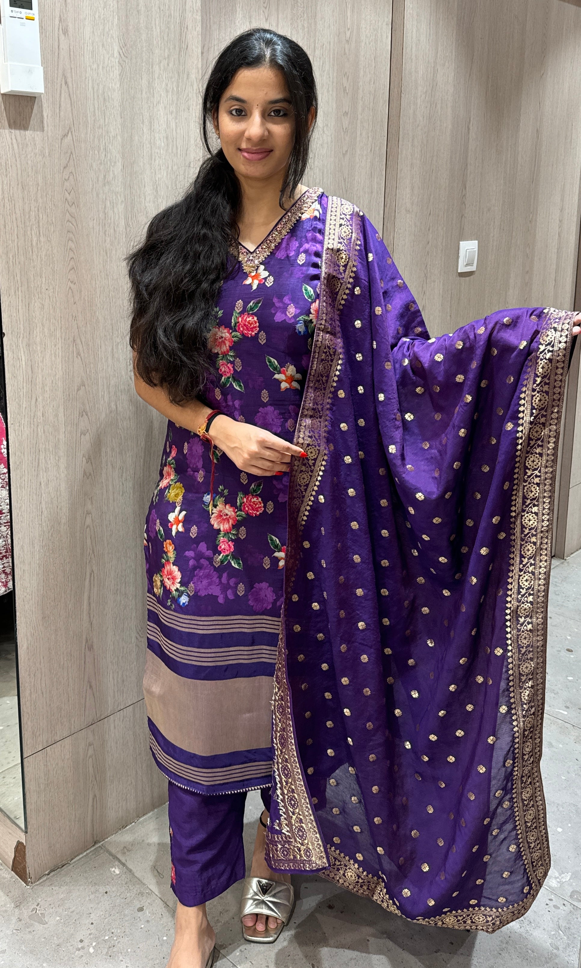 Purple floral gajji silk kurta set