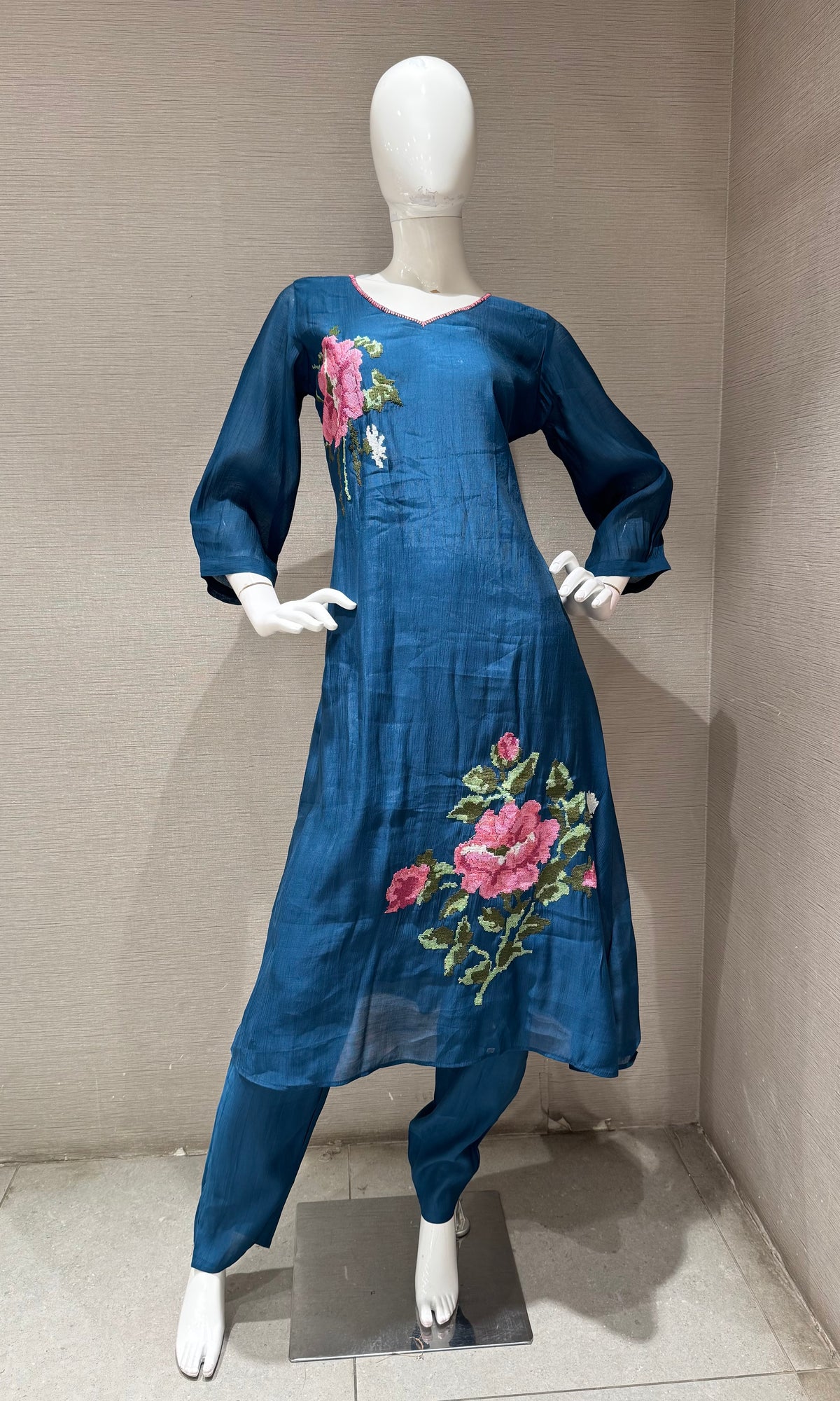 Blue Floral Embroidered Cotton Kurta Set with Dupatta