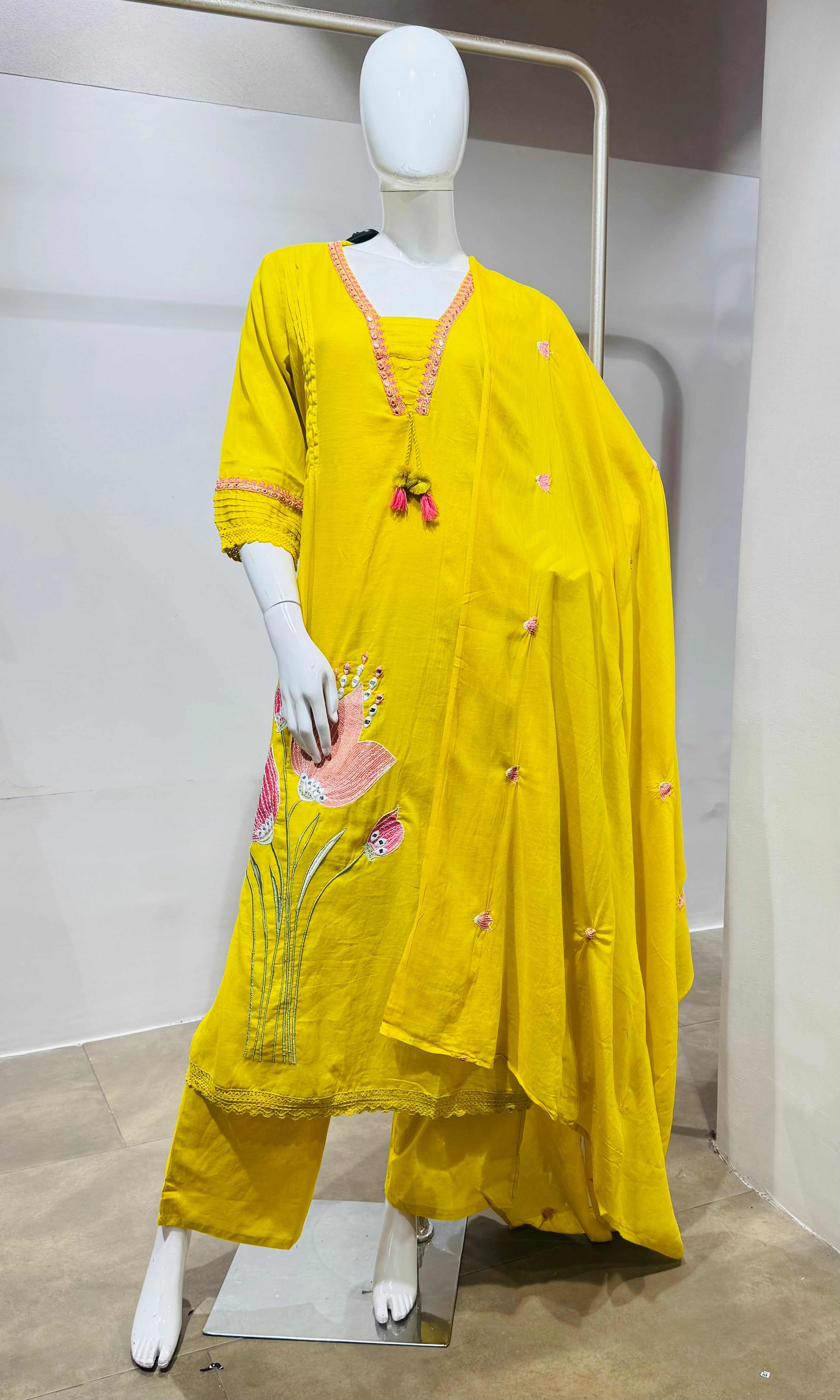 Yellow Floral Embroidered Kurta Set