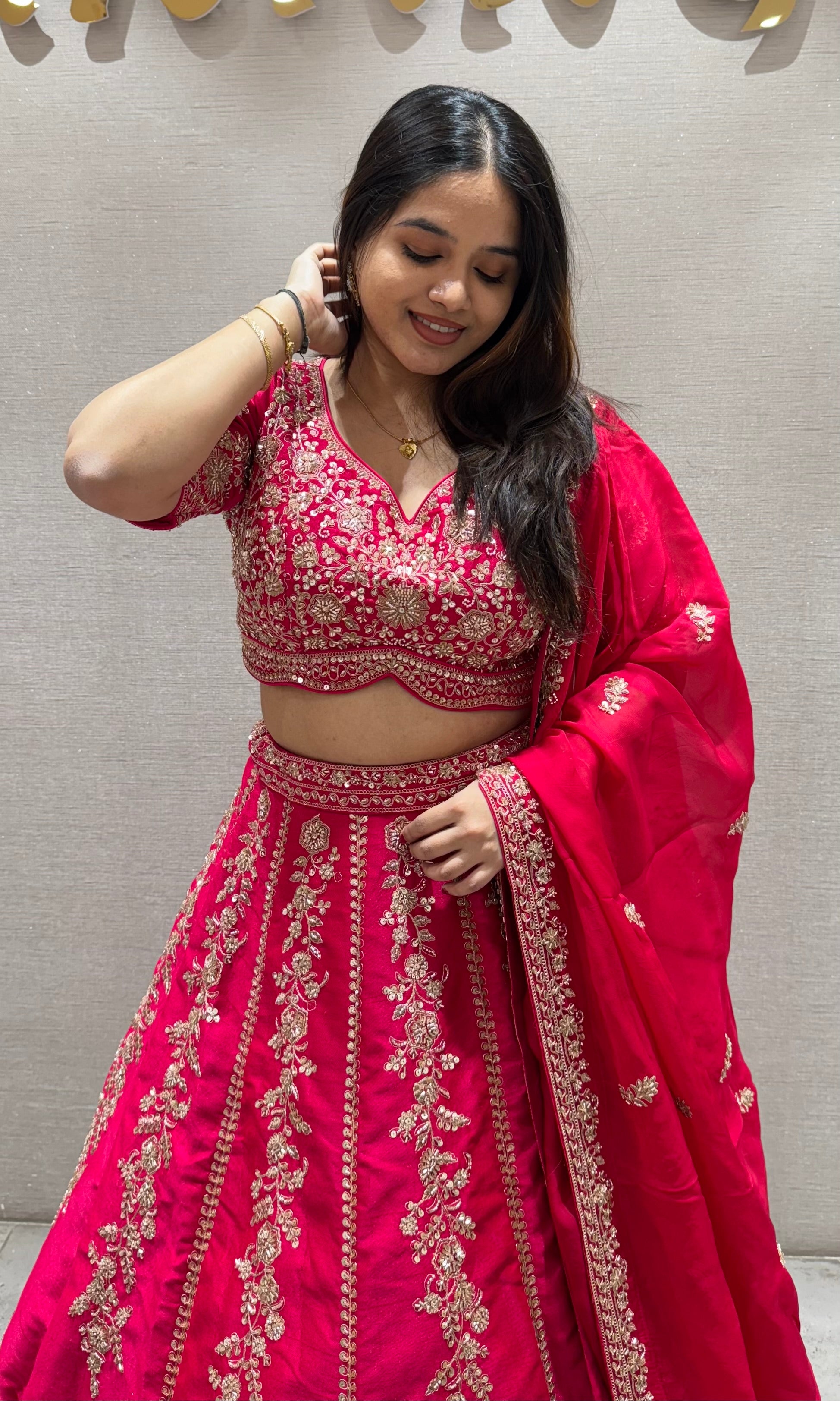 Rani pink FLORAL EMBROIDERED Lehenga