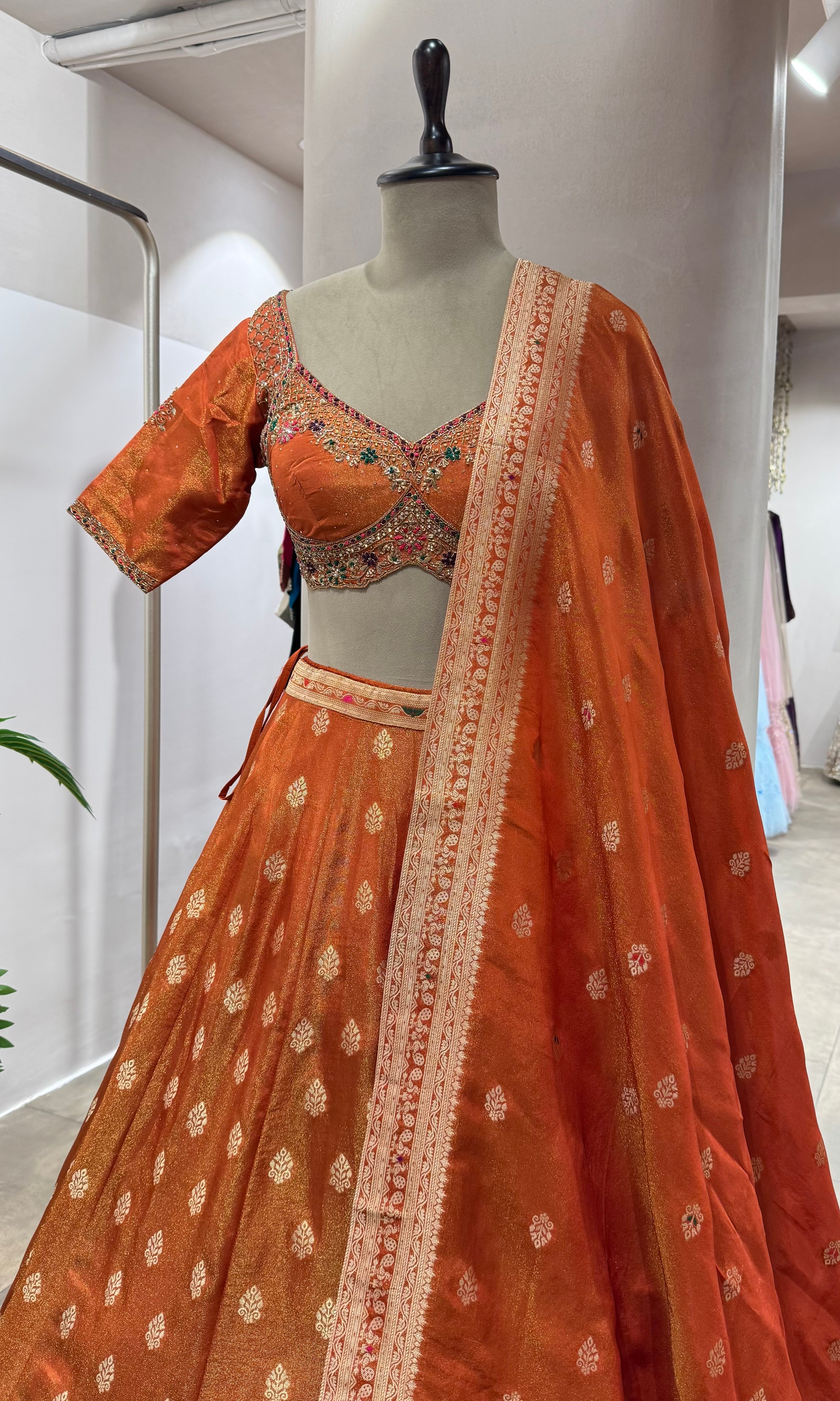 RUST BANARASI EMBROIDERED LEHENGA