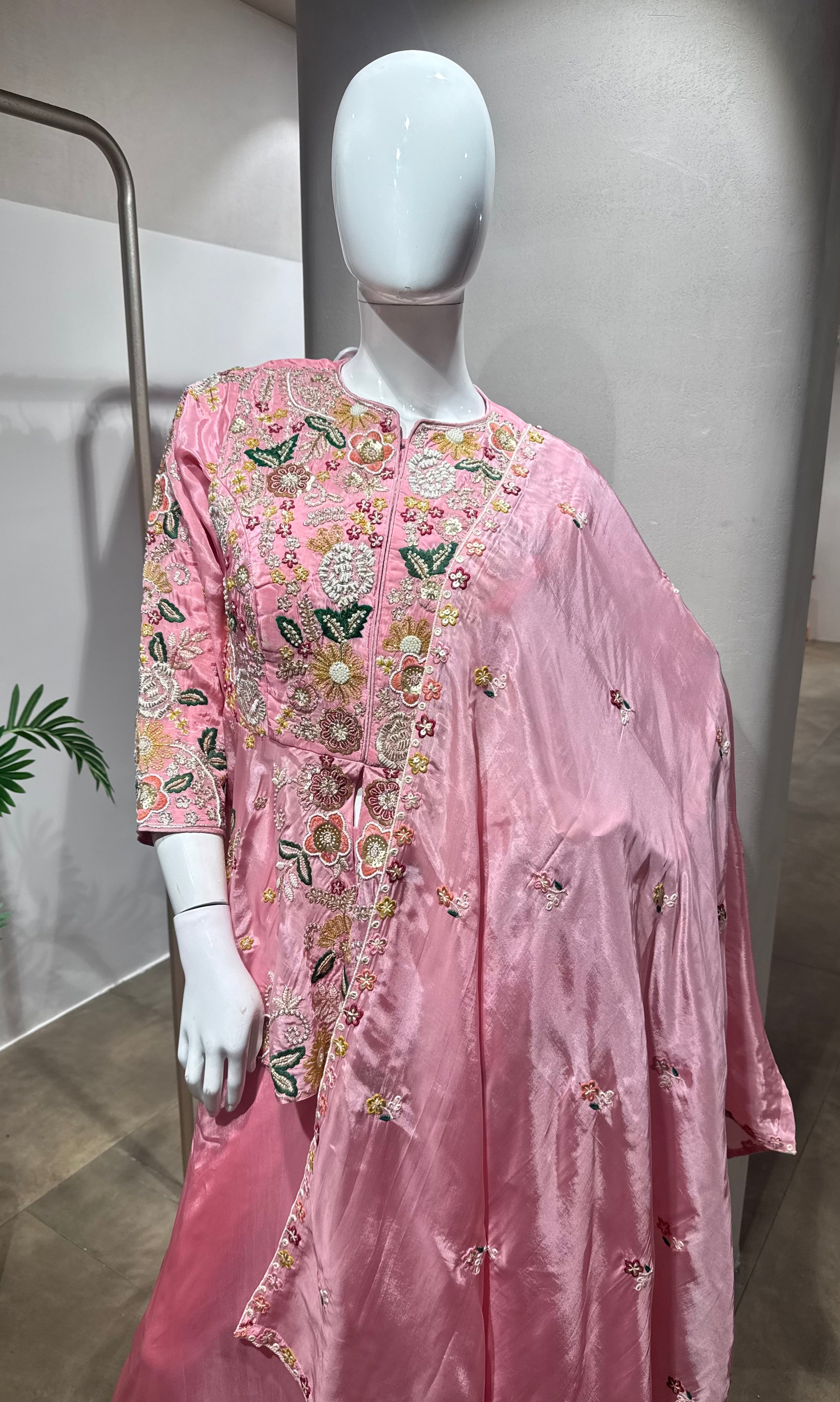 Rose Pink Floral Embroidered Palazzo Set