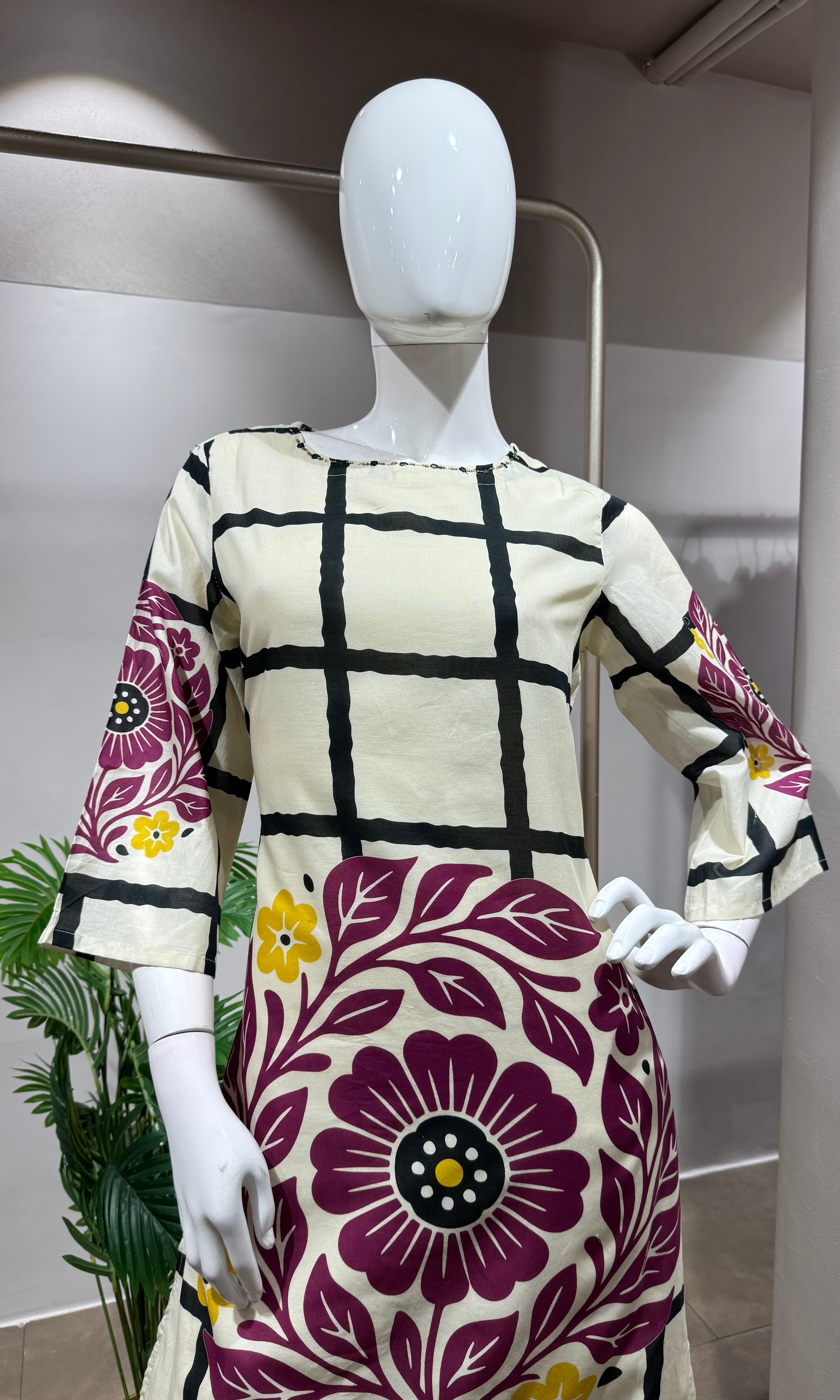 PURPLE Silk Kurti Set with Floral Print