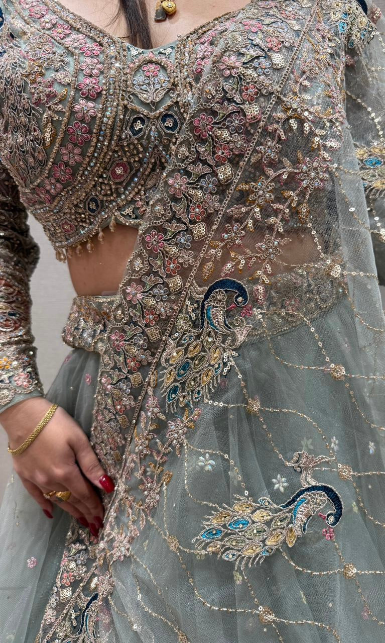 matcha green netted peacock Lehenga